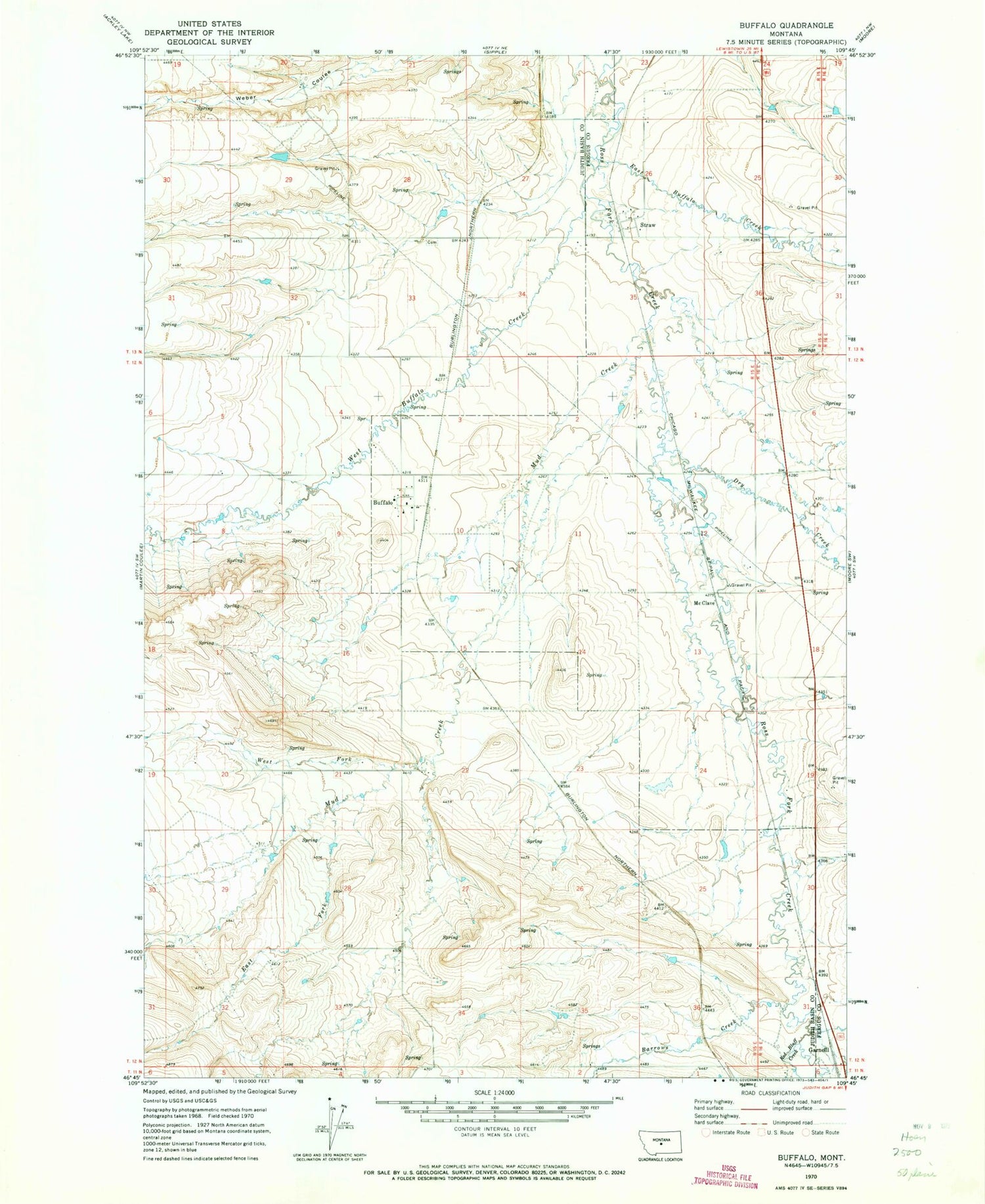 Classic USGS Buffalo Montana 7.5'x7.5' Topo Map Image