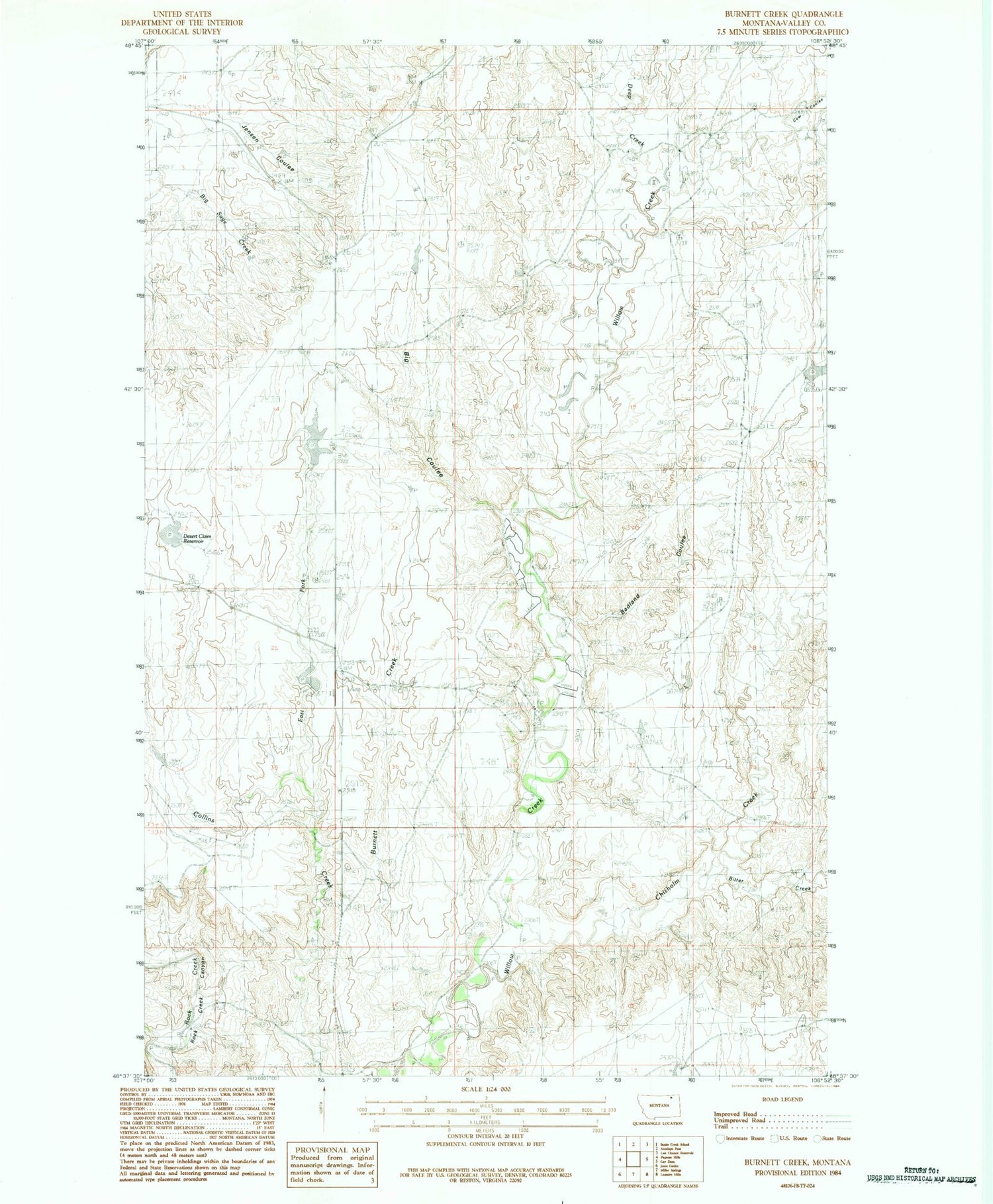 Classic USGS Burnett Creek Montana 7.5'x7.5' Topo Map Image