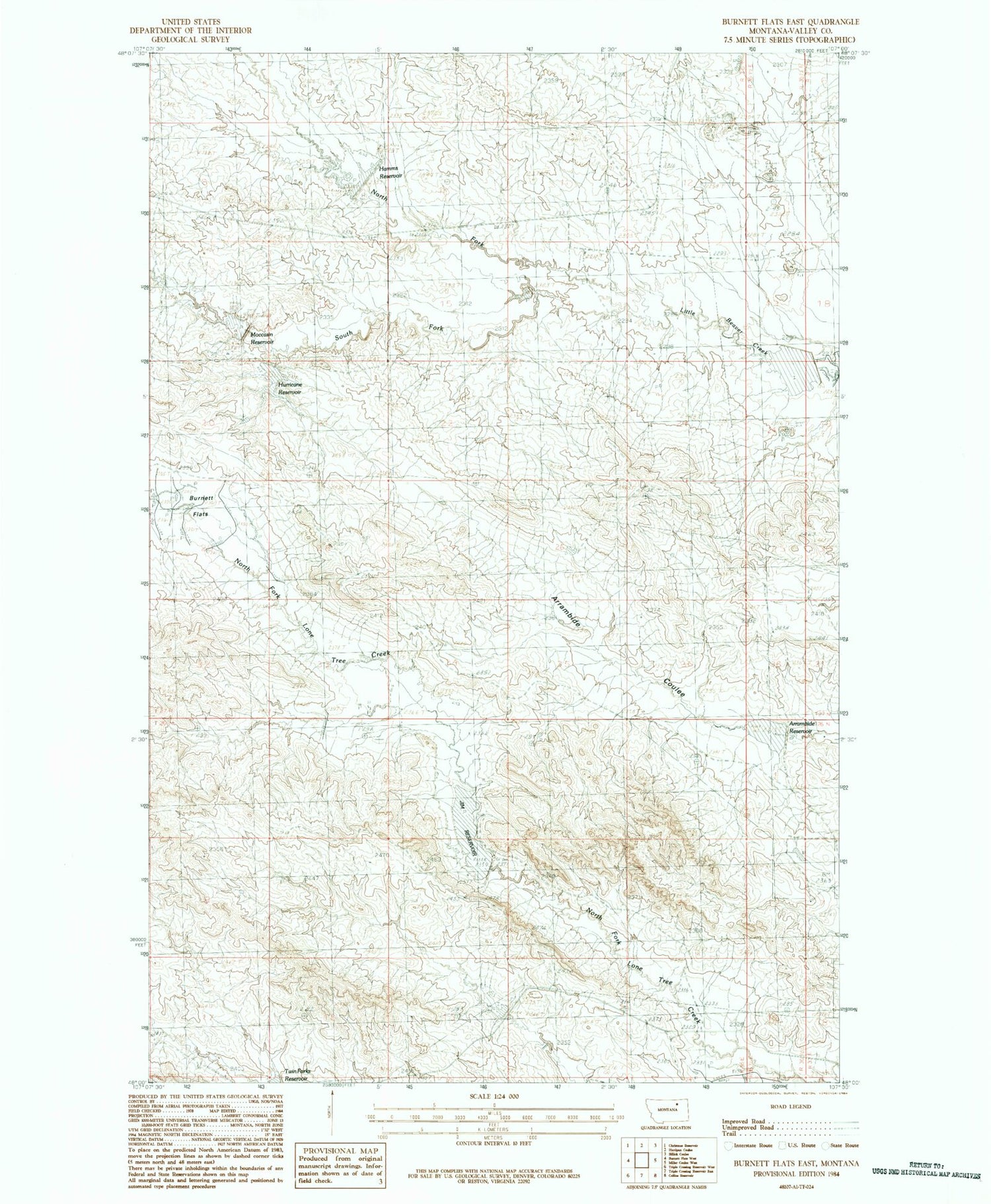 Classic USGS Burnett Flats East Montana 7.5'x7.5' Topo Map Image