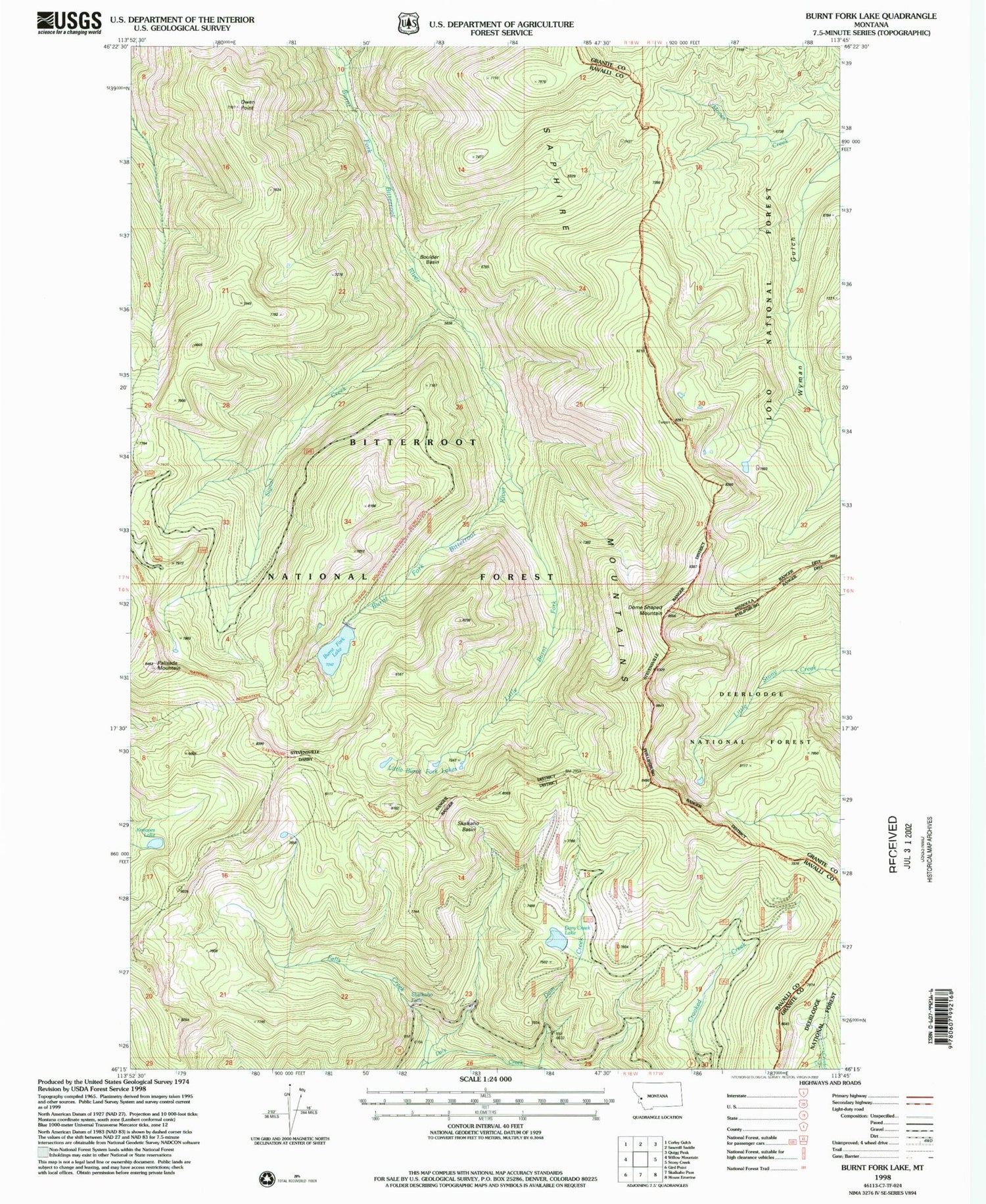 Classic USGS Burnt Fork Lake Montana 7.5'x7.5' Topo Map Image