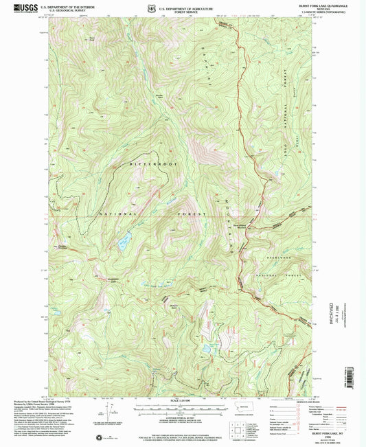 Classic USGS Burnt Fork Lake Montana 7.5'x7.5' Topo Map Image