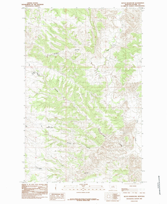 Classic USGS Butch Reservoir Montana 7.5'x7.5' Topo Map Image