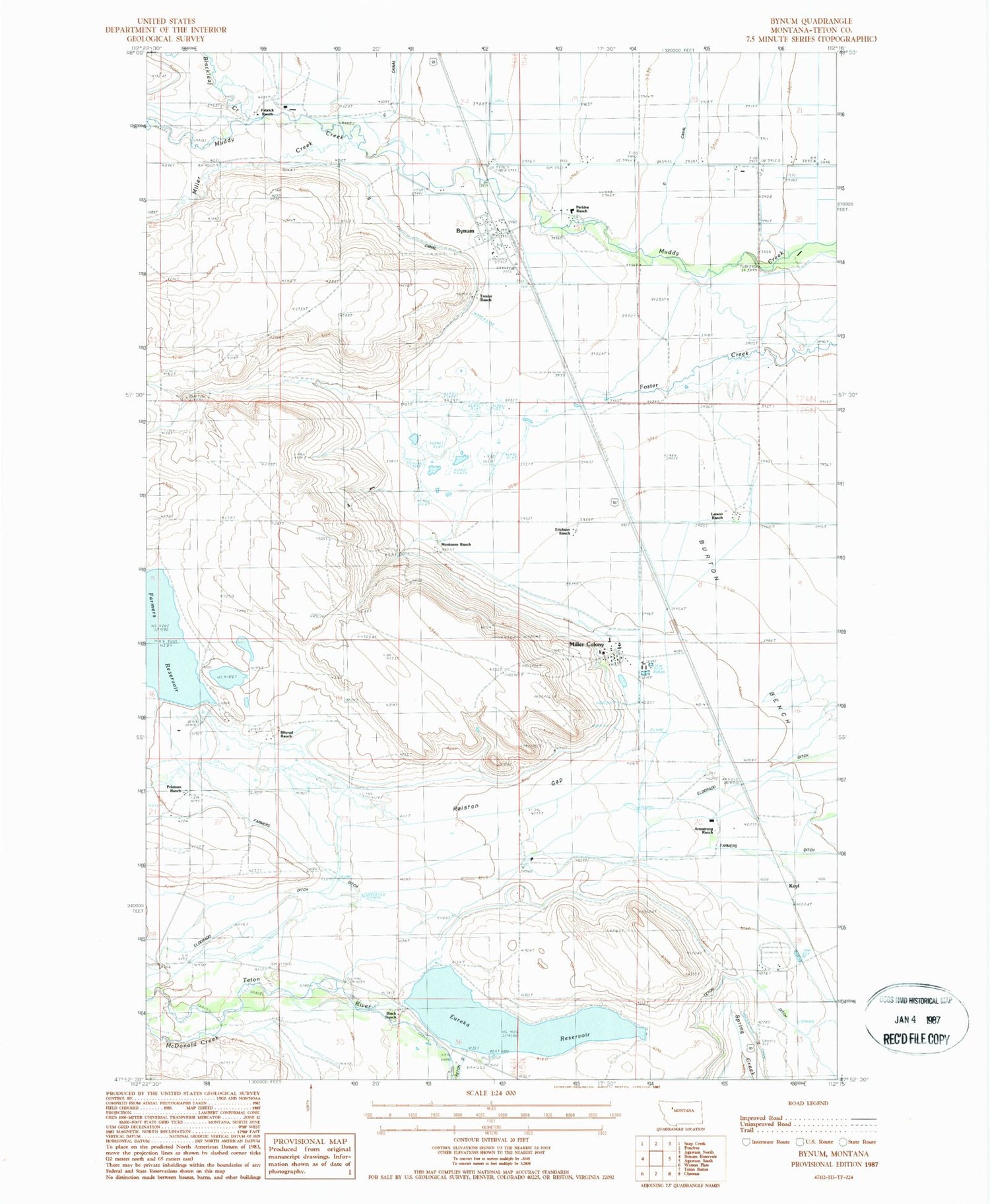Classic USGS Bynum Montana 7.5'x7.5' Topo Map Image