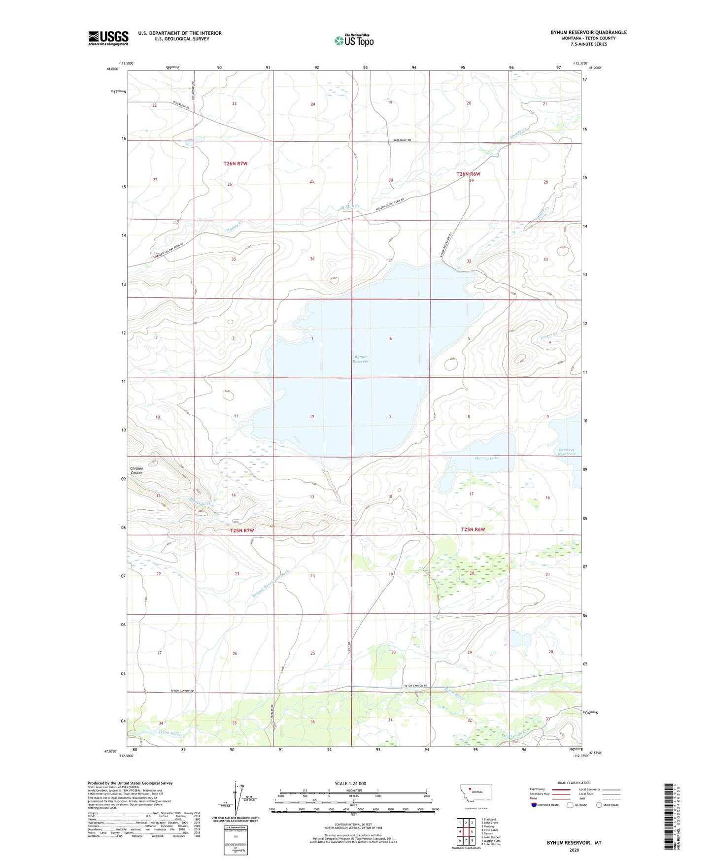 Bynum Reservoir Montana US Topo Map Image