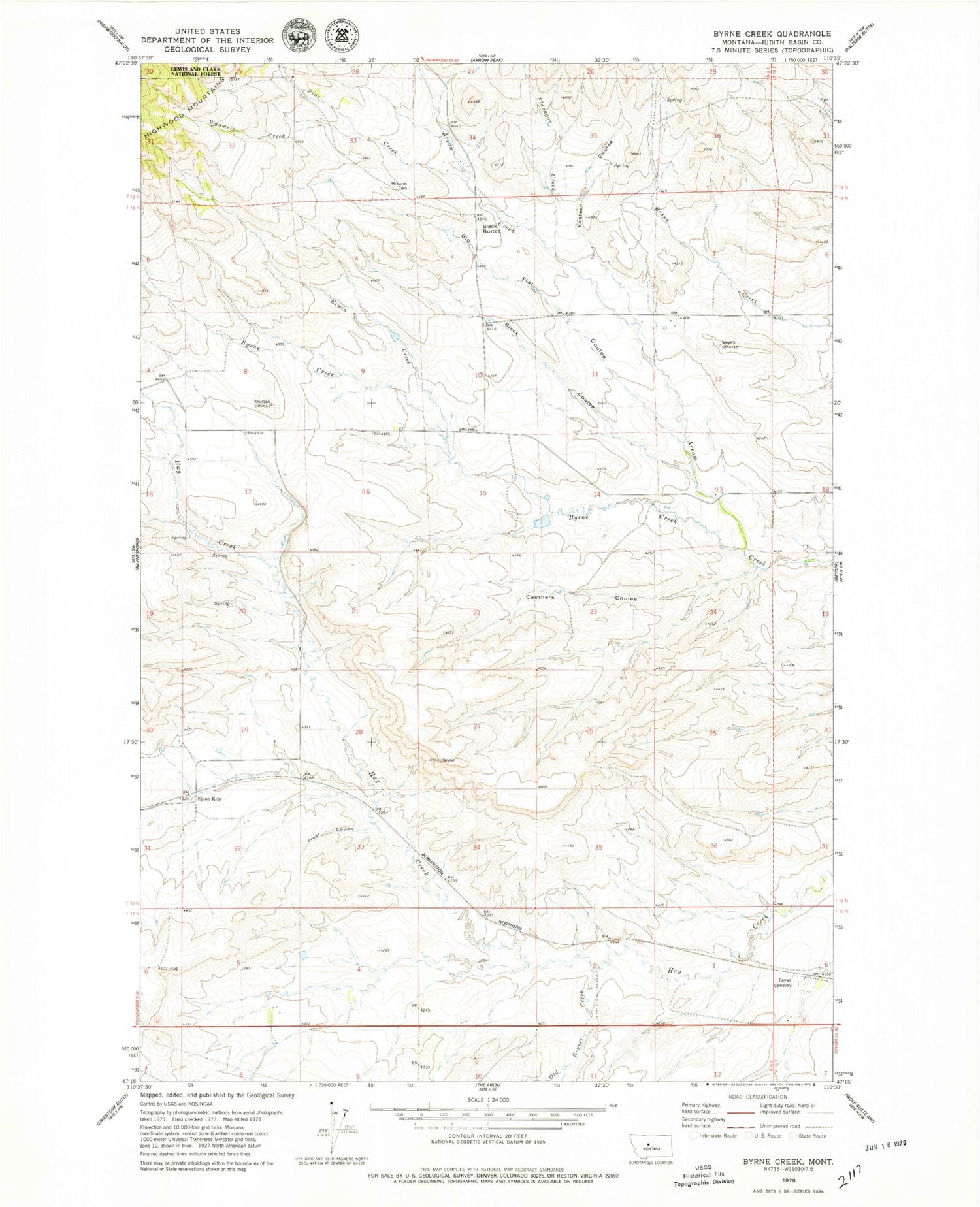 Classic USGS Byrne Creek Montana 7.5'x7.5' Topo Map Image