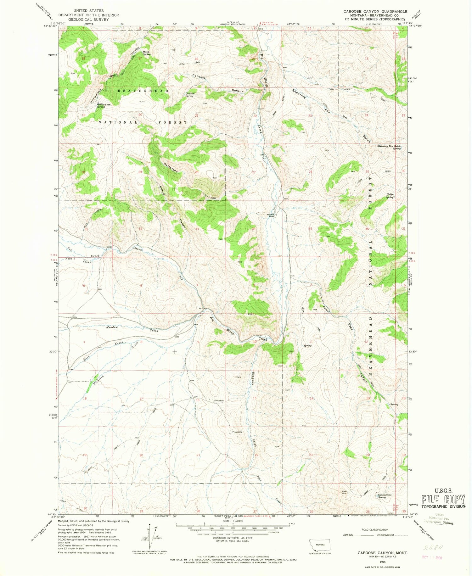 Classic USGS Caboose Canyon Montana 7.5'x7.5' Topo Map Image