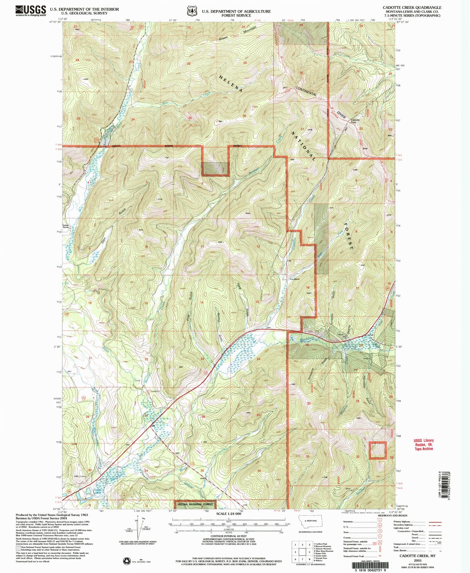 Classic USGS Cadotte Creek Montana 7.5'x7.5' Topo Map Image