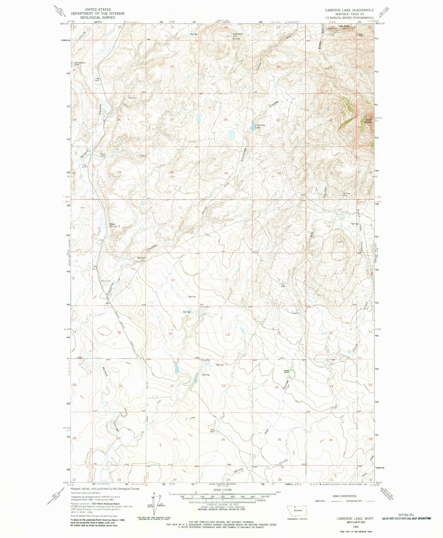 Classic USGS Cameron Lake Montana 7.5'x7.5' Topo Map Image