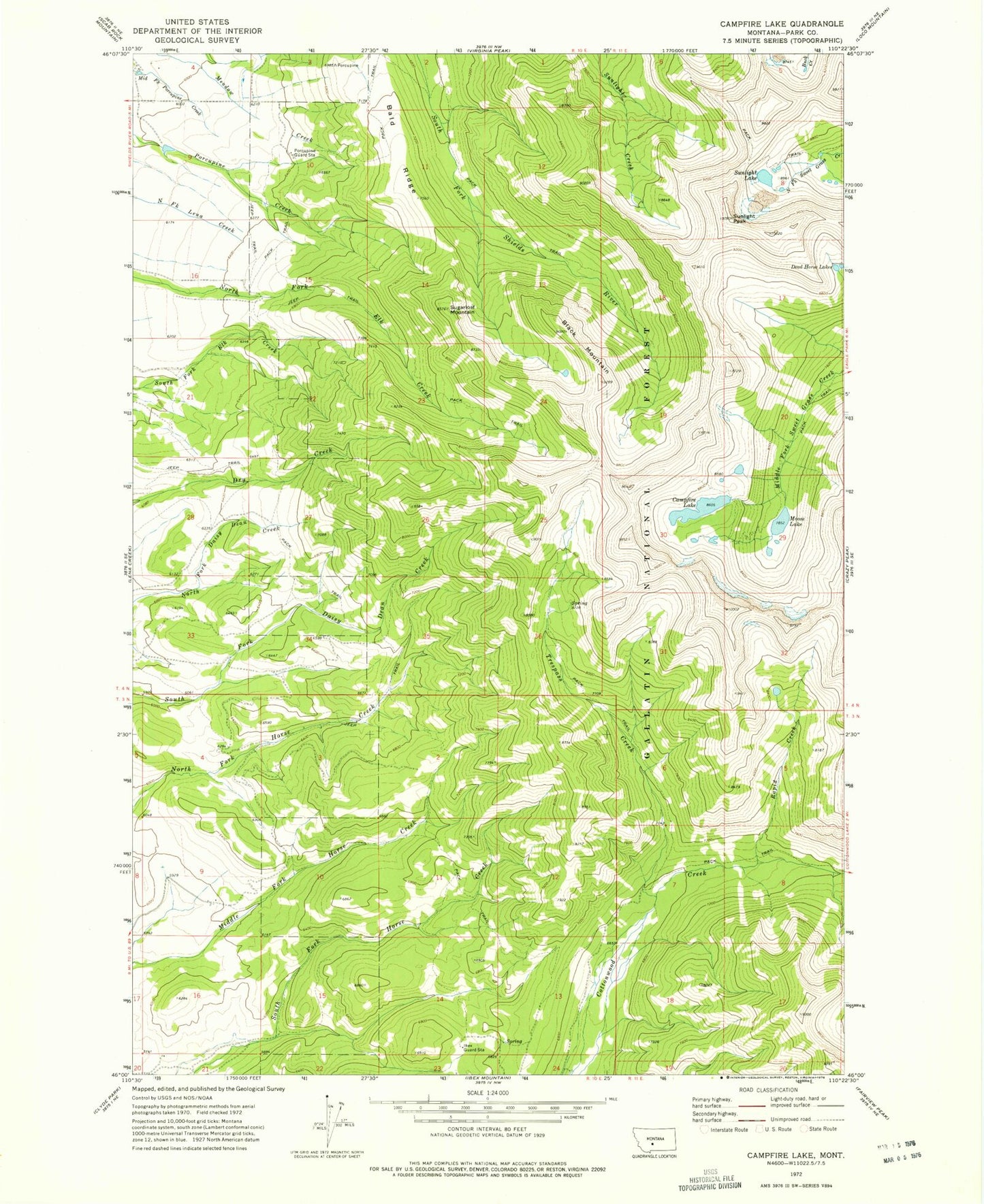 Classic USGS Campfire Lake Montana 7.5'x7.5' Topo Map Image