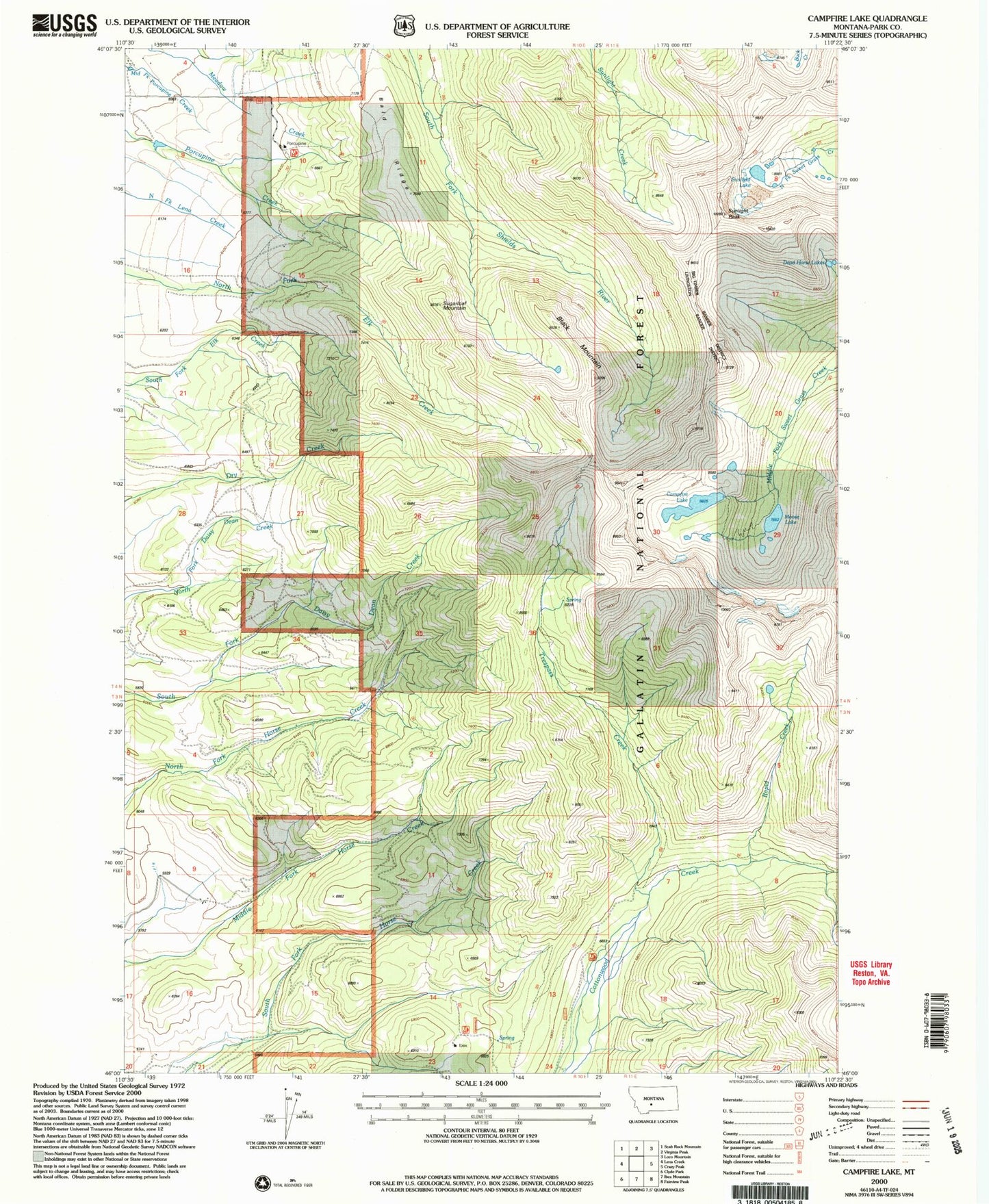 Classic USGS Campfire Lake Montana 7.5'x7.5' Topo Map Image