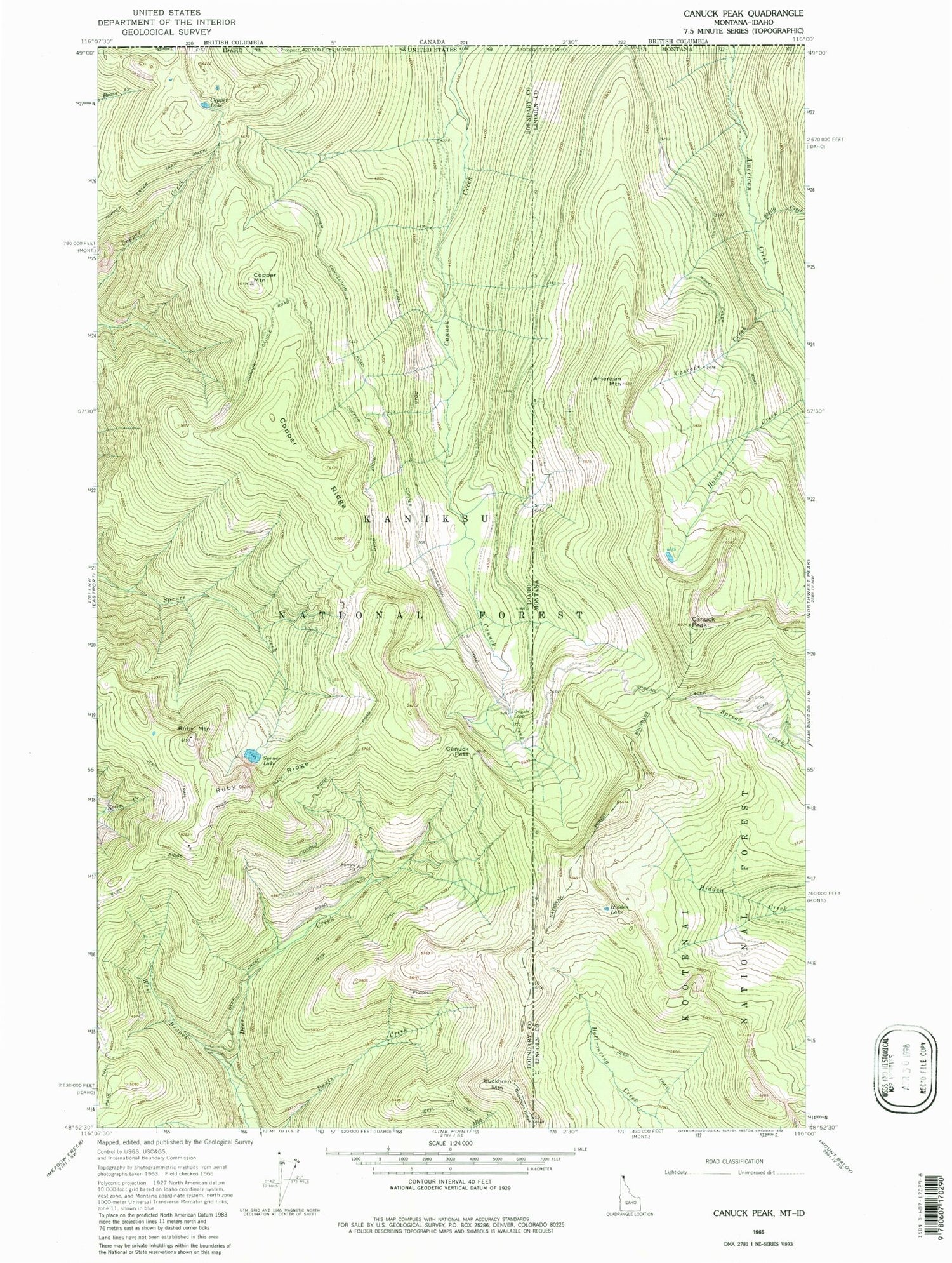 Classic USGS Canuck Peak Montana 7.5'x7.5' Topo Map Image