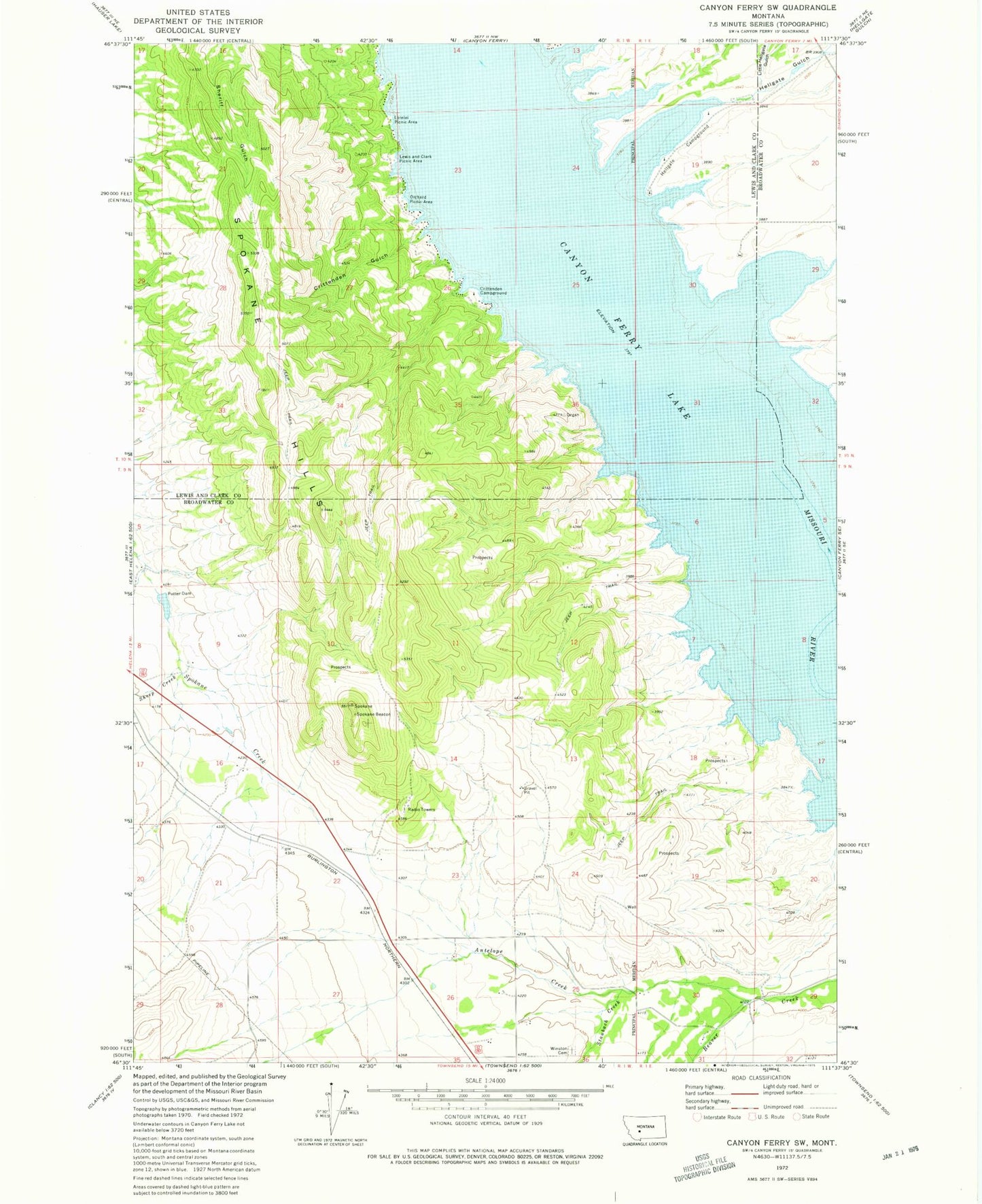 Classic USGS Canyon Ferry SW Montana 7.5'x7.5' Topo Map Image