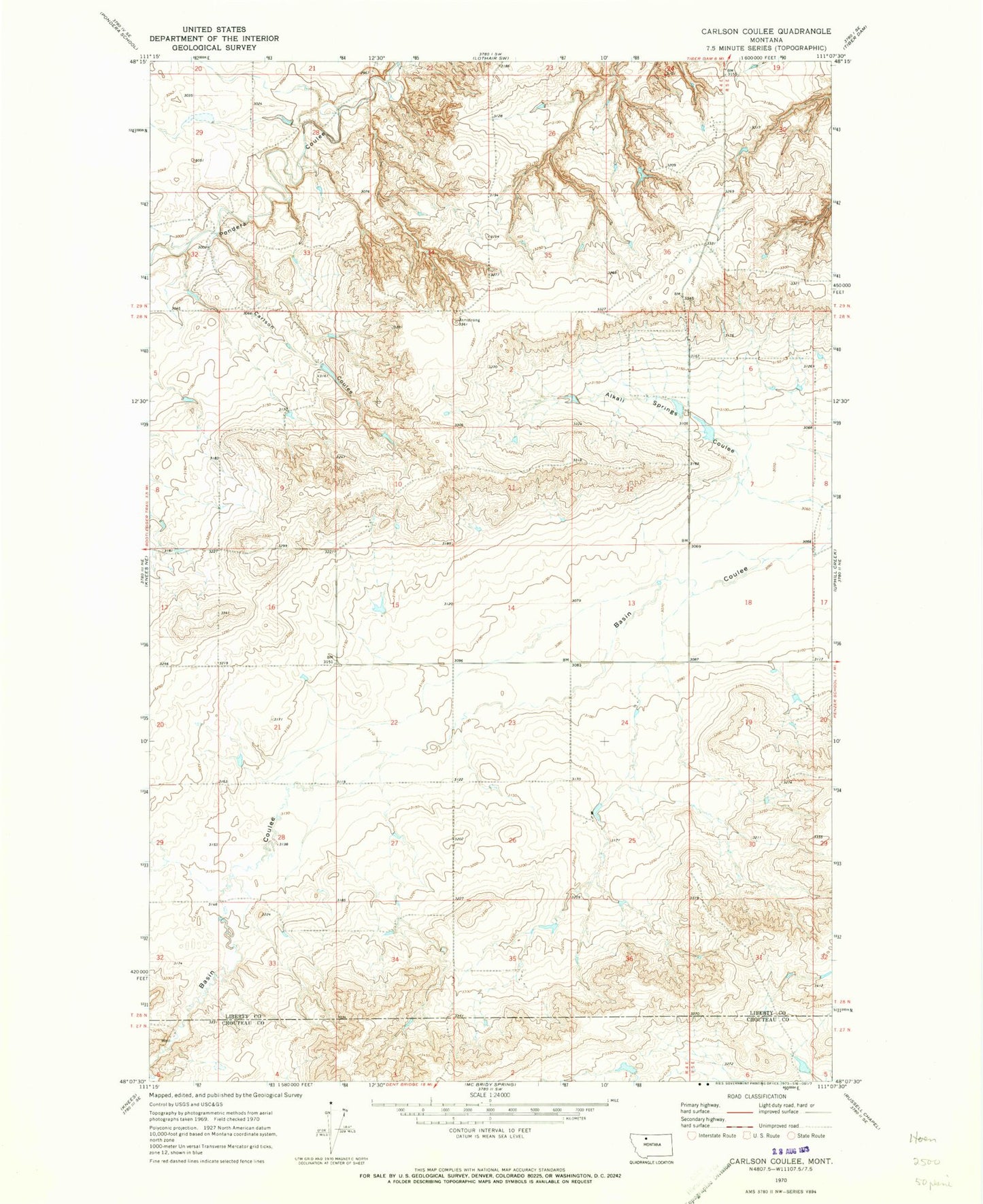 Classic USGS Carlson Coulee Montana 7.5'x7.5' Topo Map Image