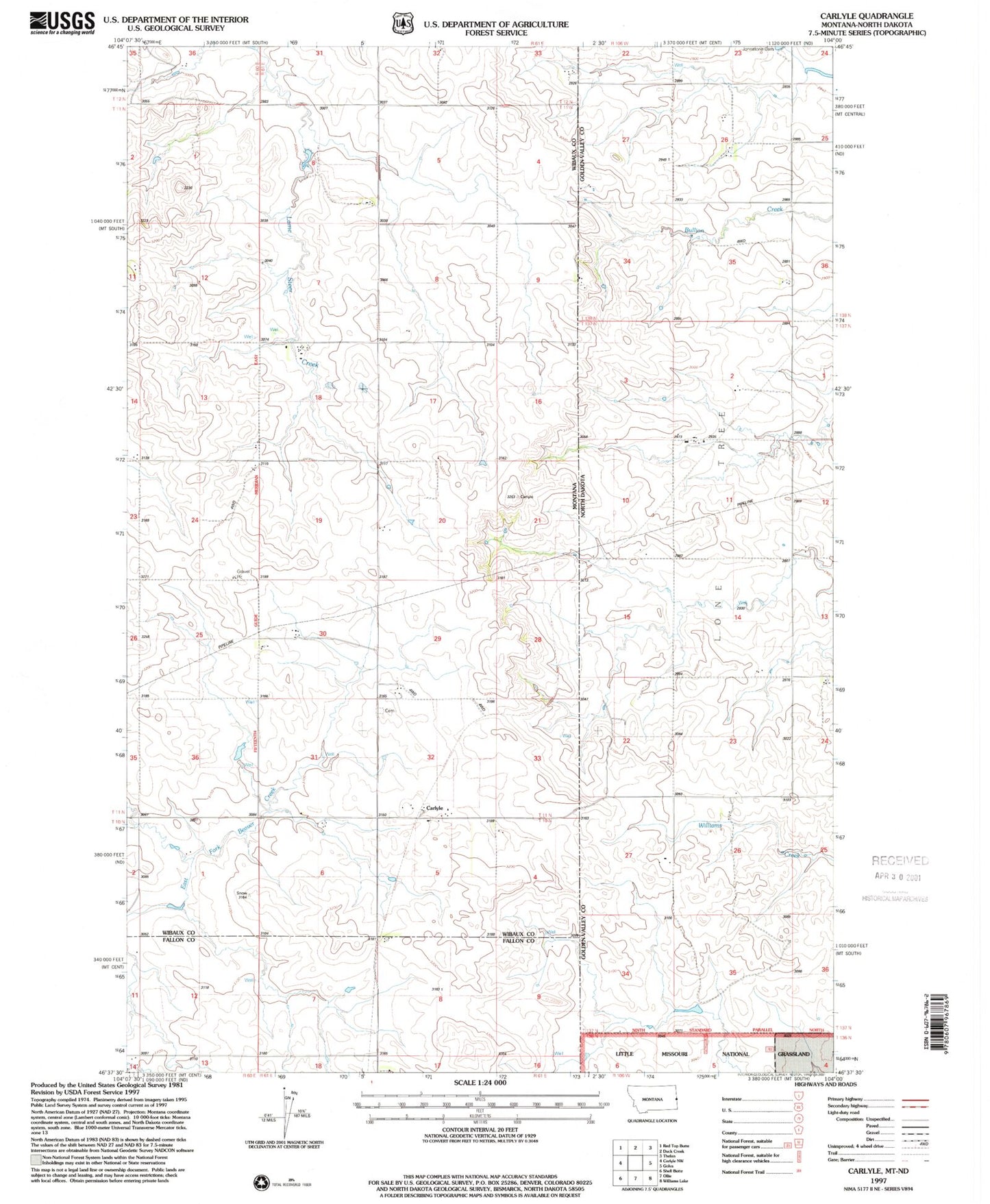 Classic USGS Carlyle Montana 7.5'x7.5' Topo Map Image