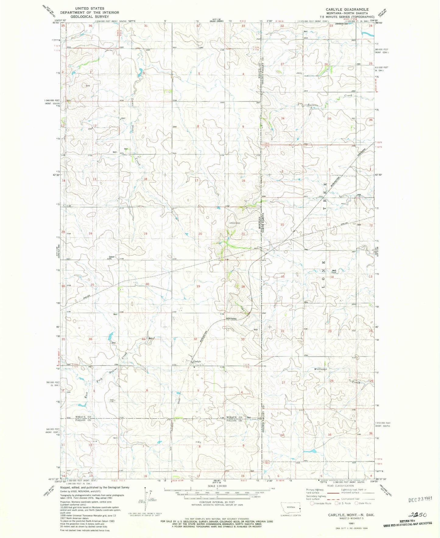 Classic USGS Carlyle Montana 7.5'x7.5' Topo Map Image