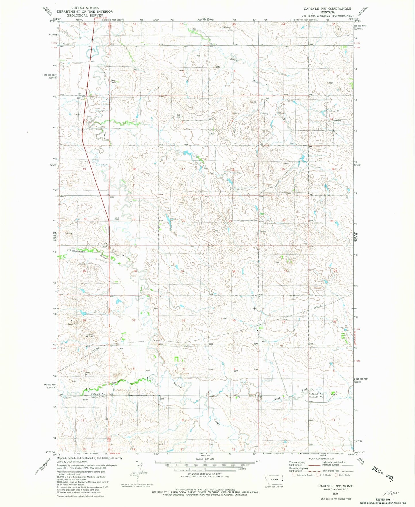 Classic USGS Carlyle NW Montana 7.5'x7.5' Topo Map Image
