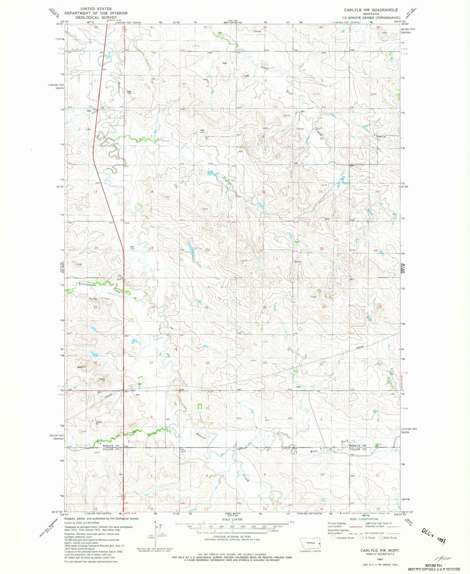 Classic USGS Carlyle NW Montana 7.5'x7.5' Topo Map Image