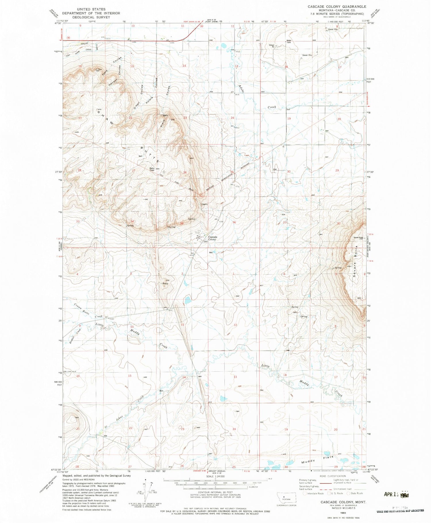 Classic USGS Cascade Colony Montana 7.5'x7.5' Topo Map Image