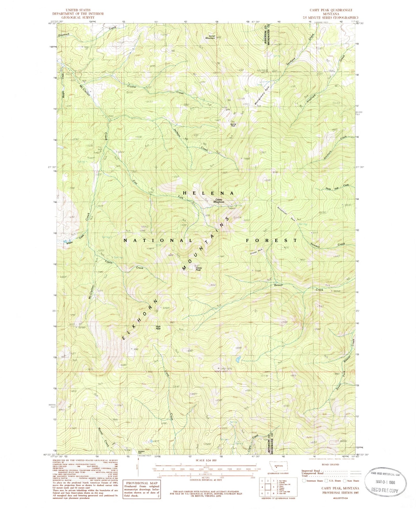 Classic USGS Casey Peak Montana 7.5'x7.5' Topo Map Image