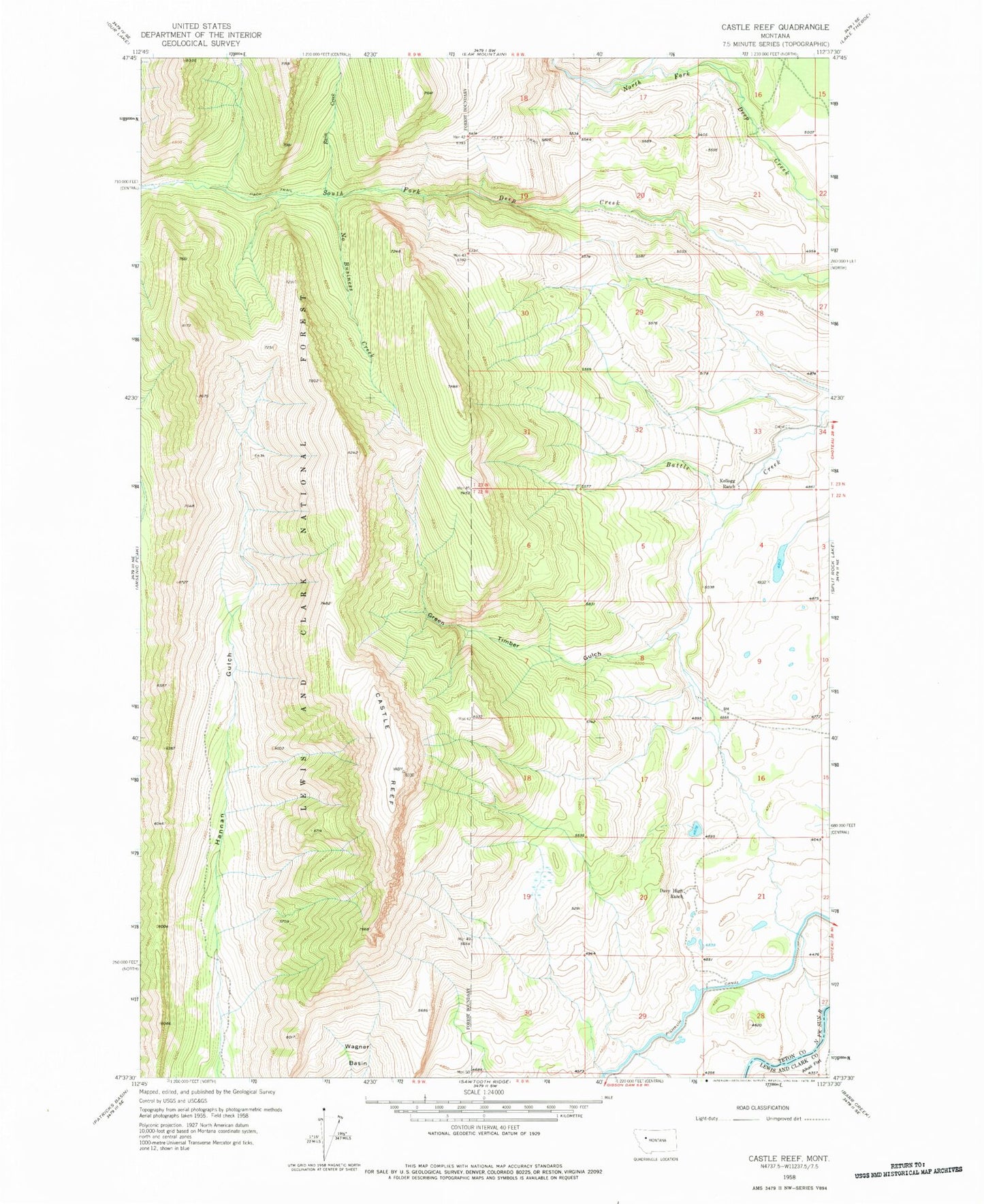 Classic USGS Castle Reef Montana 7.5'x7.5' Topo Map Image