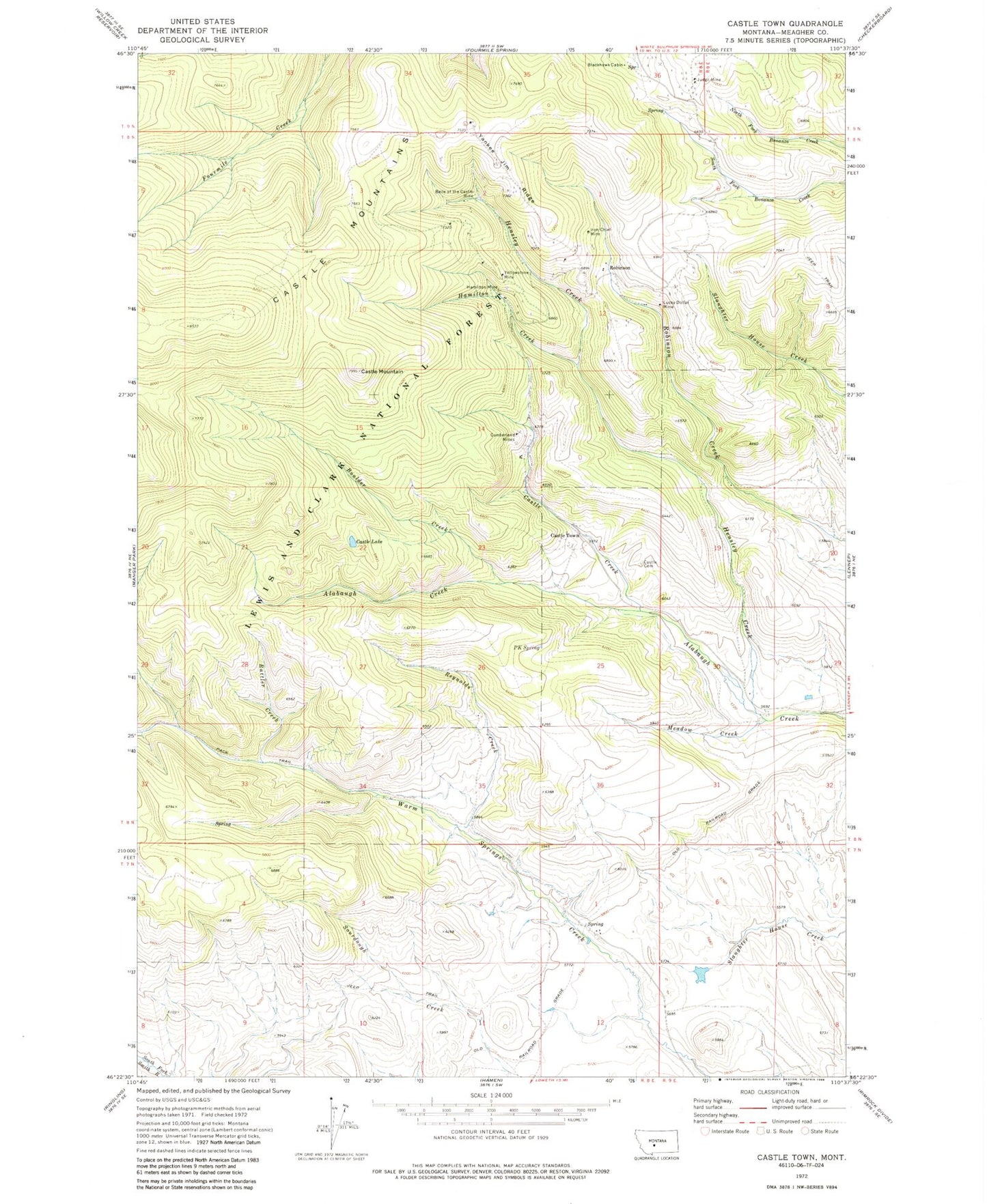 Classic USGS Castle Town Montana 7.5'x7.5' Topo Map Image