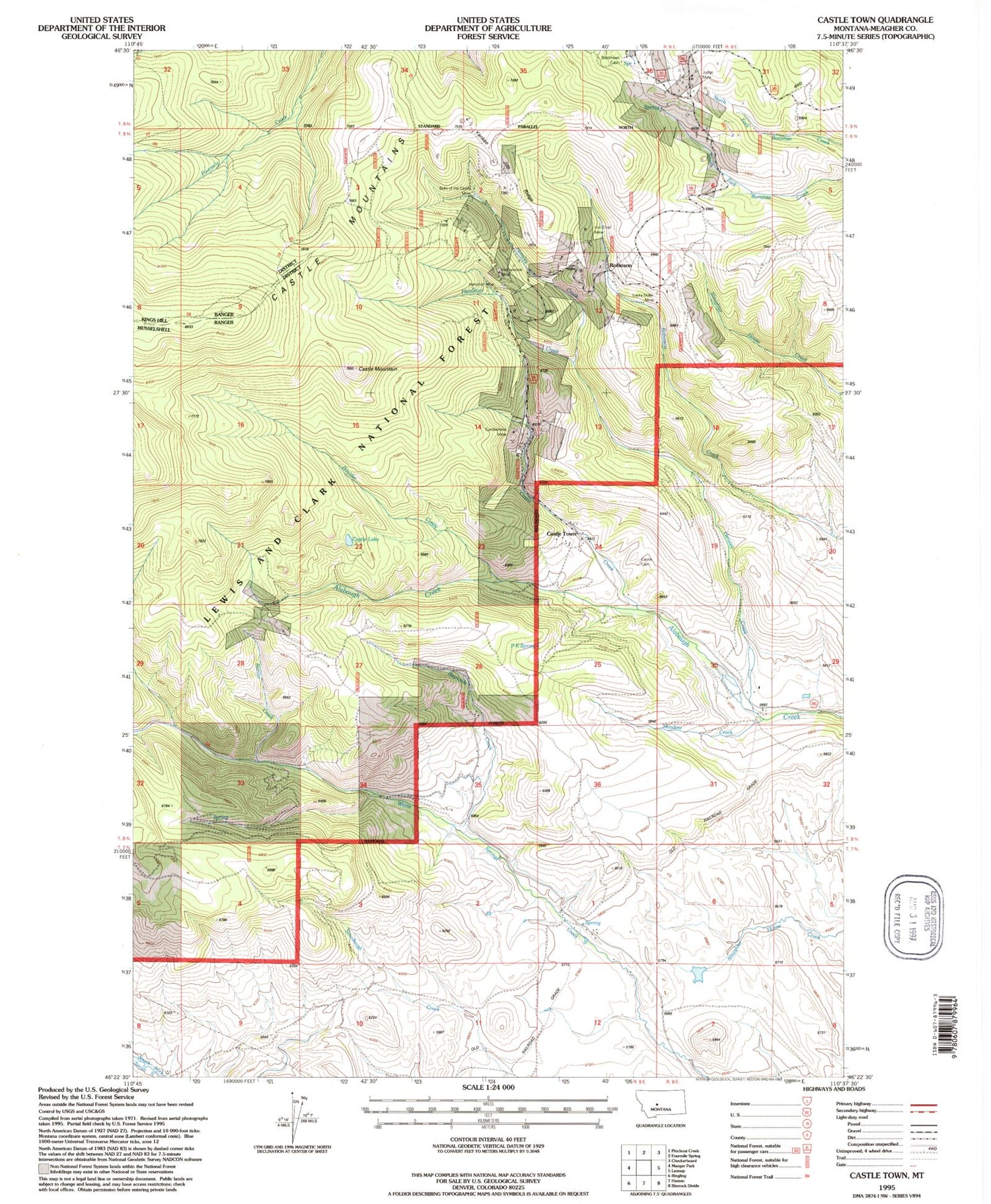 Classic USGS Castle Town Montana 7.5'x7.5' Topo Map Image