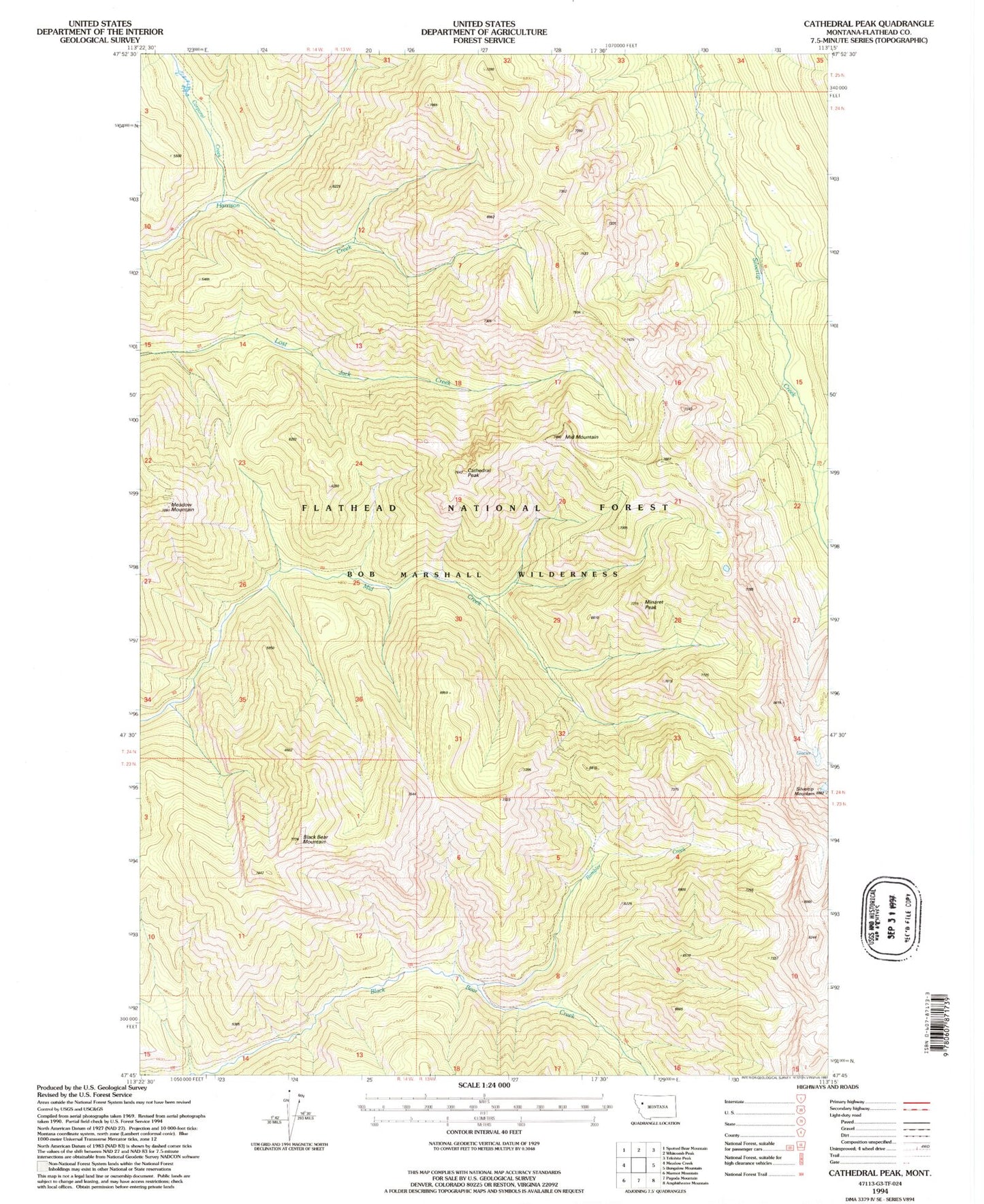 Classic USGS Cathedral Peak Montana 7.5'x7.5' Topo Map Image