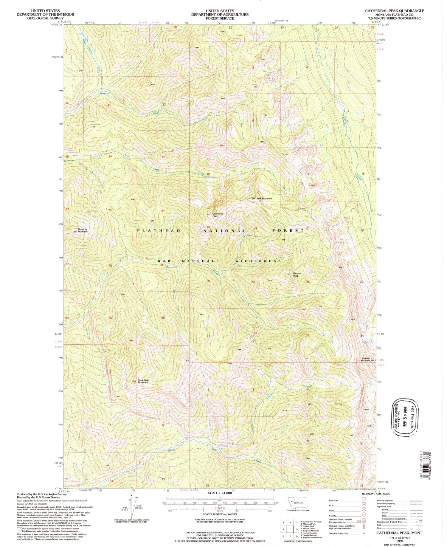 Classic USGS Cathedral Peak Montana 7.5'x7.5' Topo Map Image