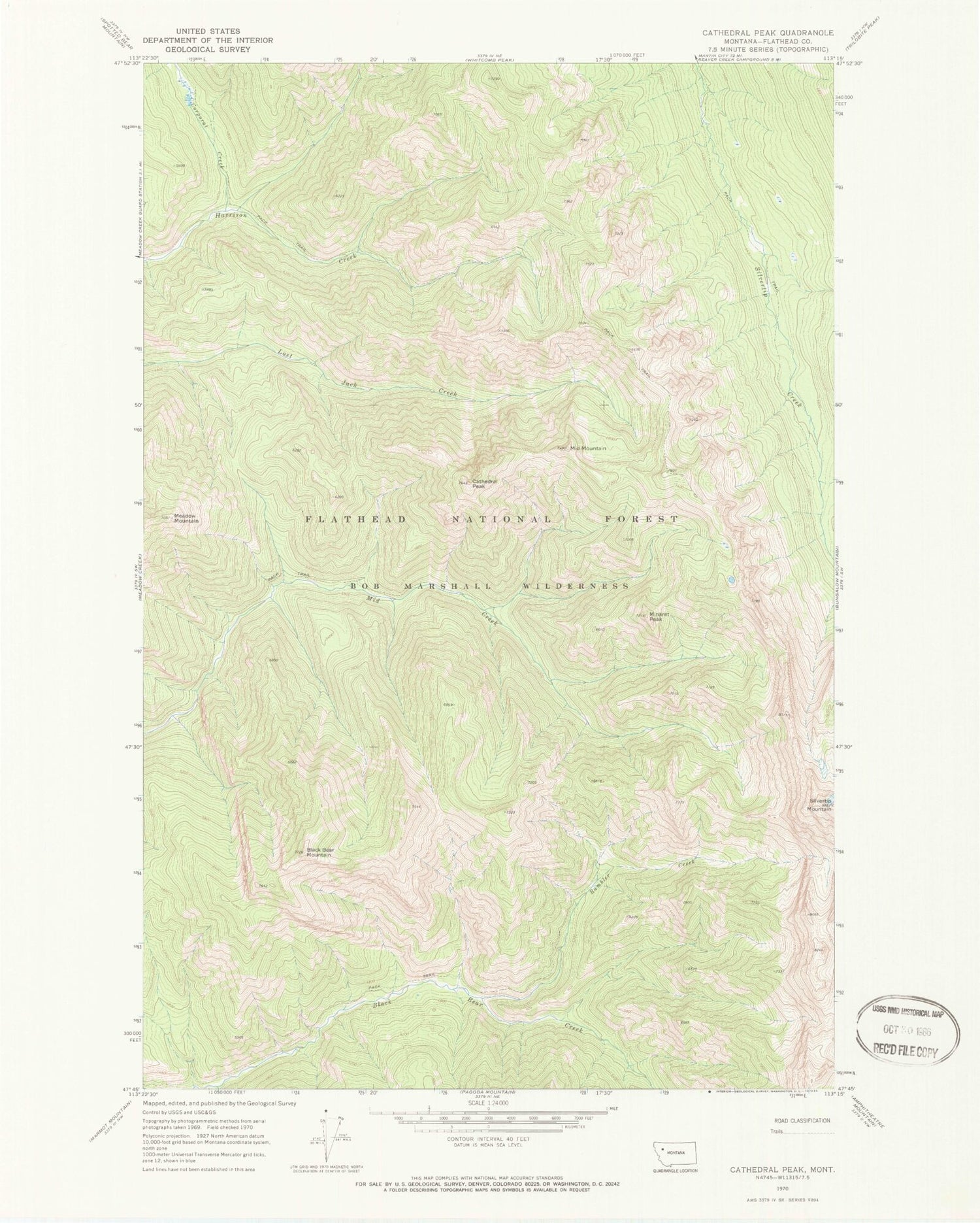 Classic USGS Cathedral Peak Montana 7.5'x7.5' Topo Map Image