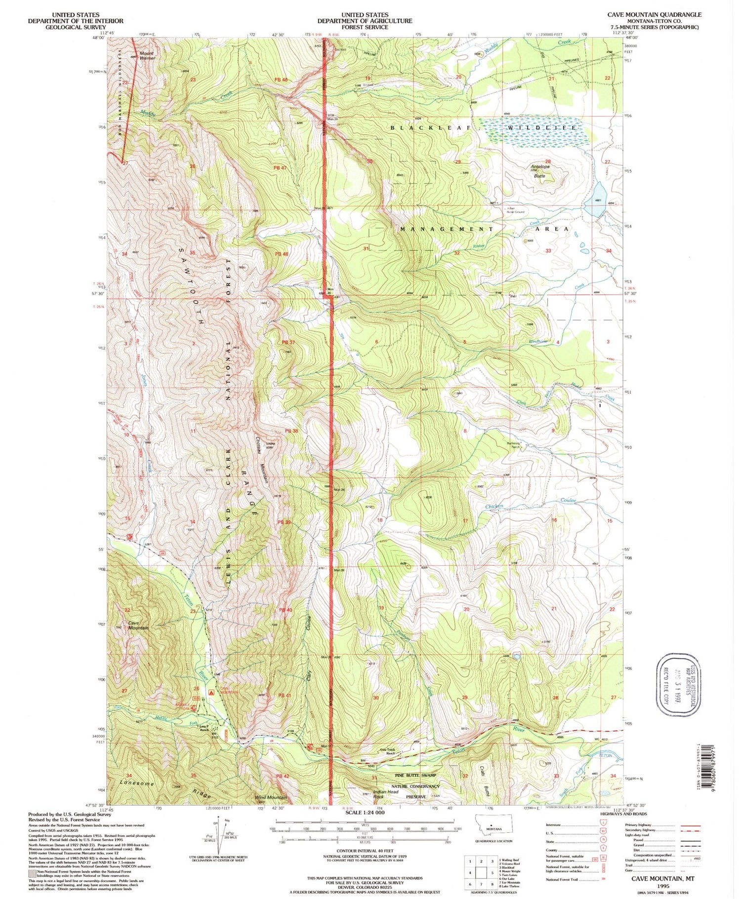 Classic USGS Cave Mountain Montana 7.5'x7.5' Topo Map Image