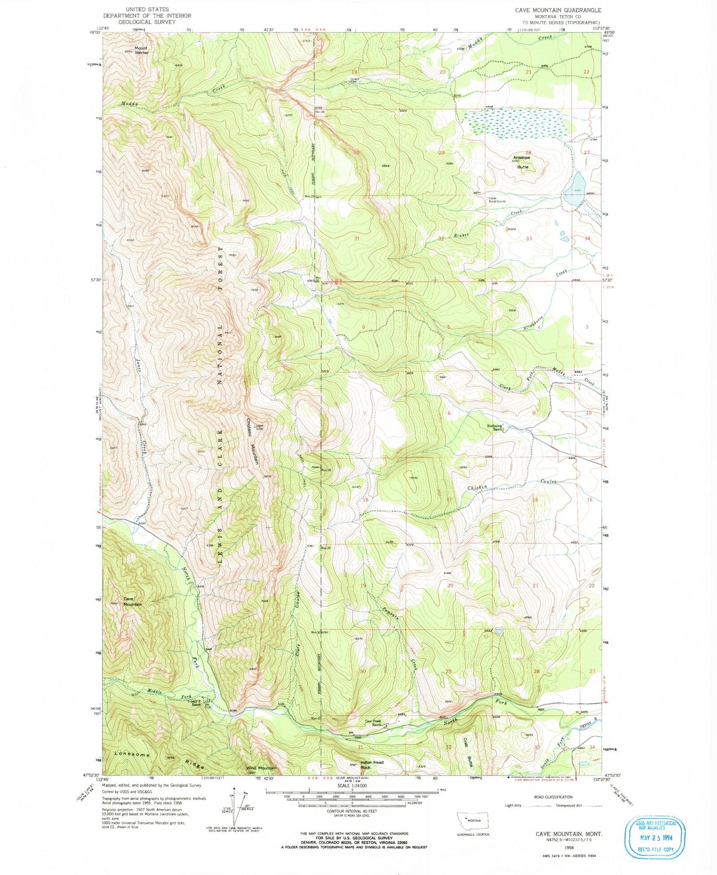 Classic USGS Cave Mountain Montana 7.5'x7.5' Topo Map Image