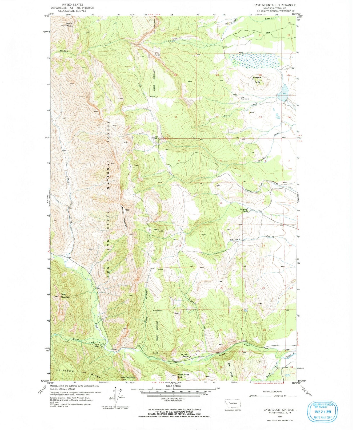 Classic USGS Cave Mountain Montana 7.5'x7.5' Topo Map Image