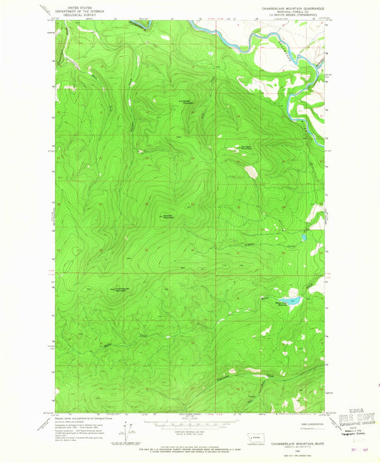 Classic USGS Chamberlain Mountain Montana 7.5'x7.5' Topo Map Image