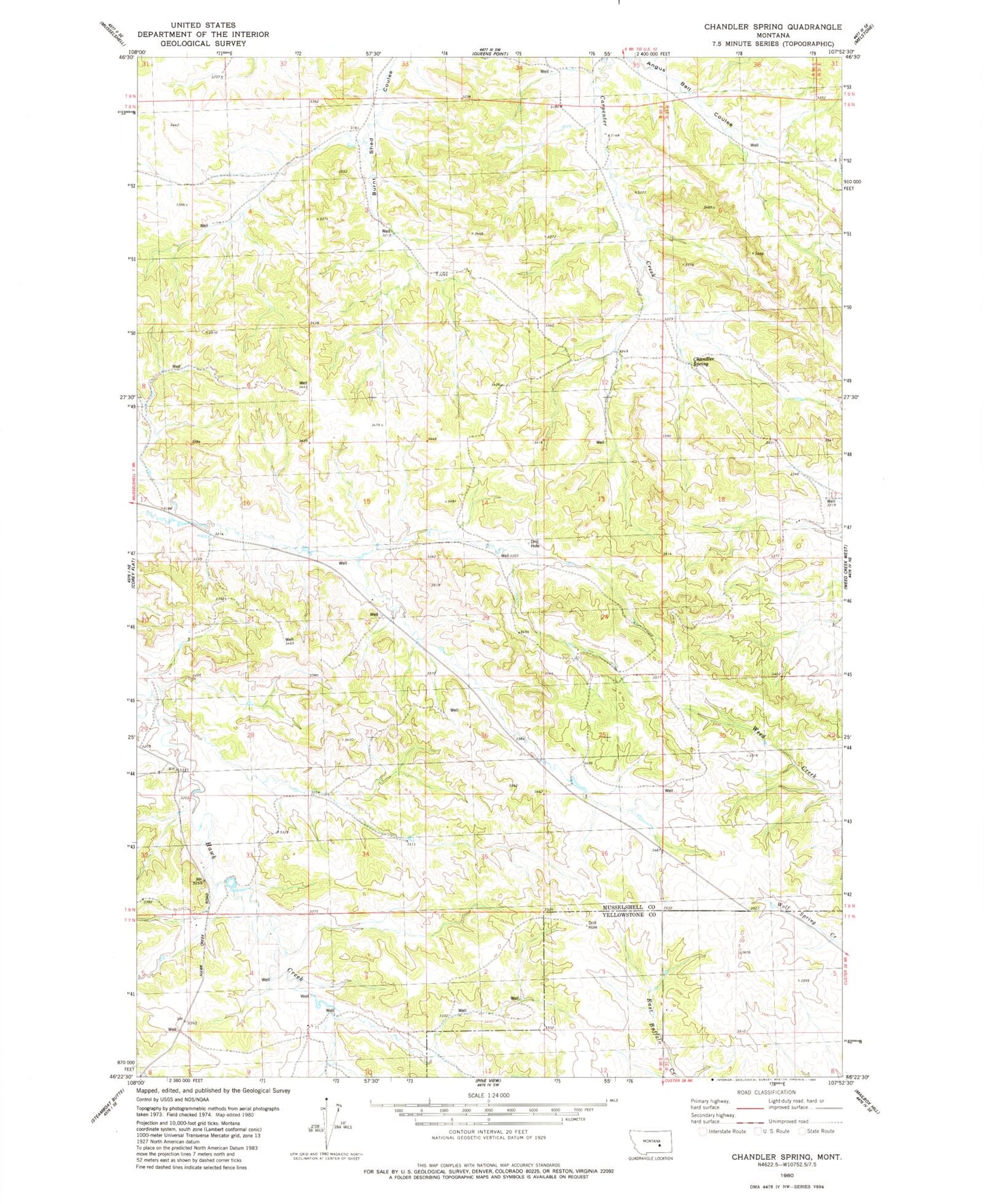 Classic USGS Chandler Spring Montana 7.5'x7.5' Topo Map Image