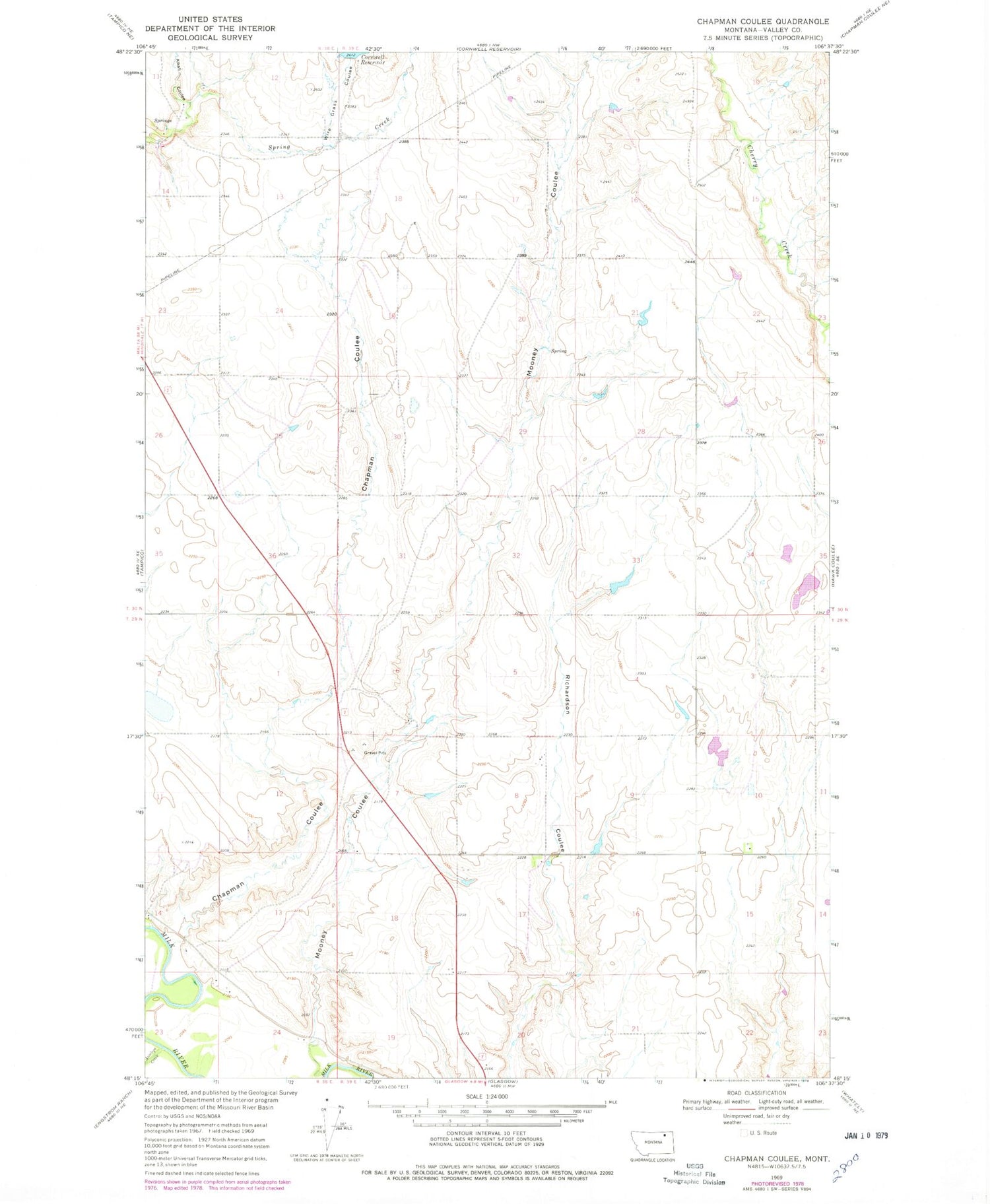 Classic USGS Chapman Coulee Montana 7.5'x7.5' Topo Map Image