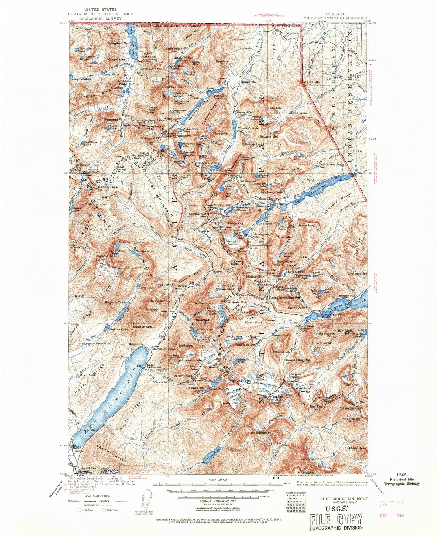 Historic 1938 Chief Mountain Montana 30'x30' Topo Map Image