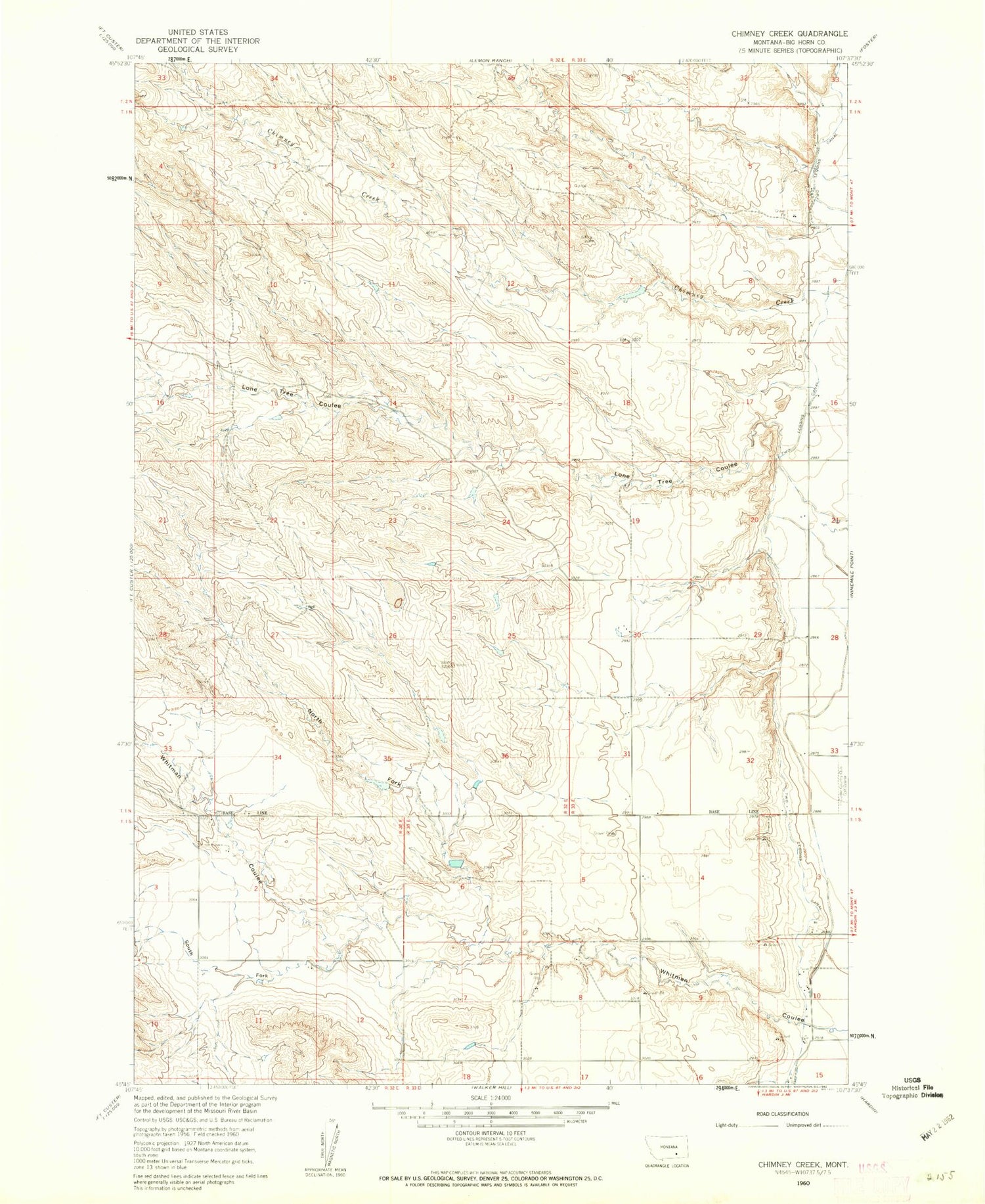 Classic USGS Chimney Creek Montana 7.5'x7.5' Topo Map Image