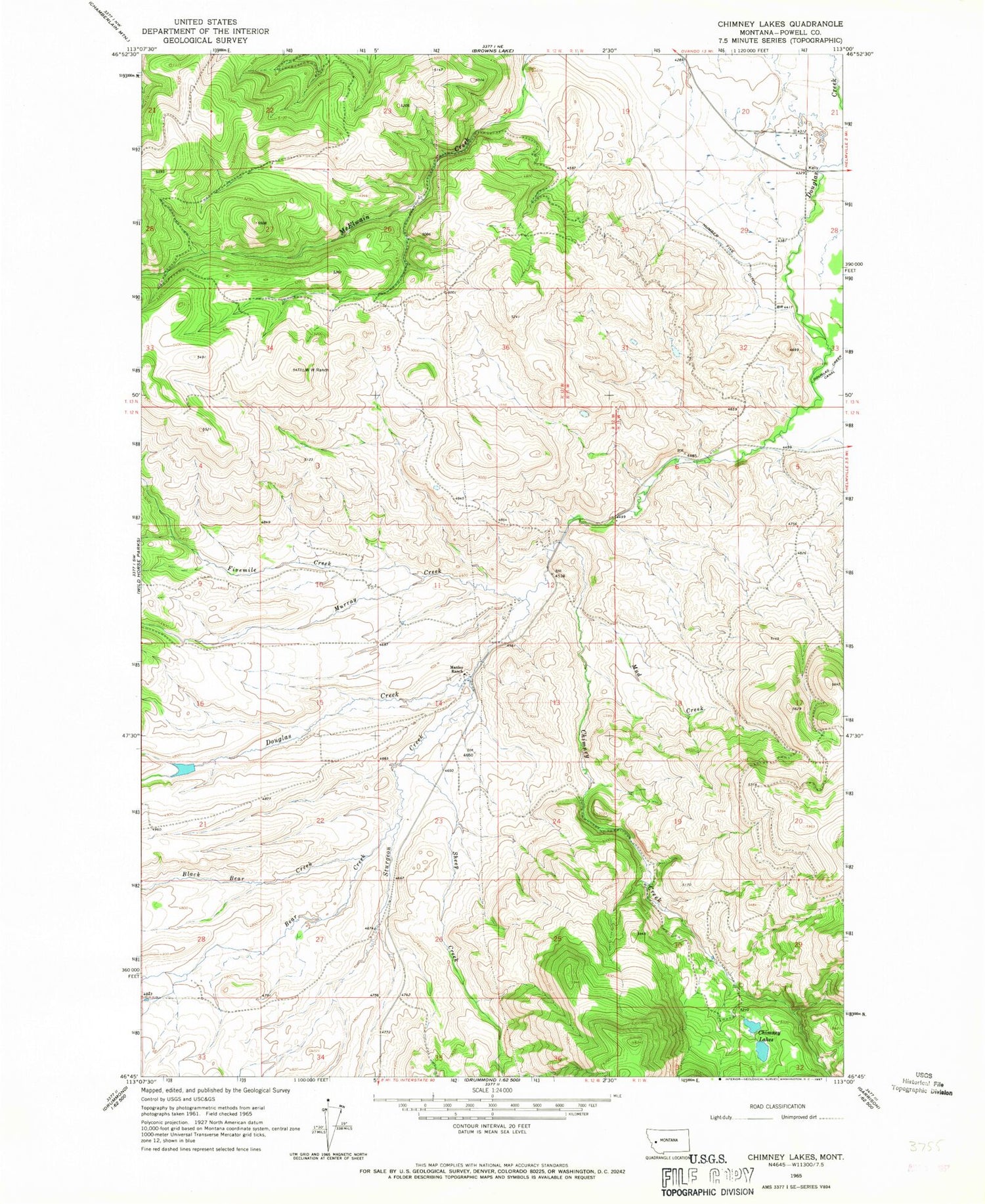 Classic USGS Chimney Lakes Montana 7.5'x7.5' Topo Map Image