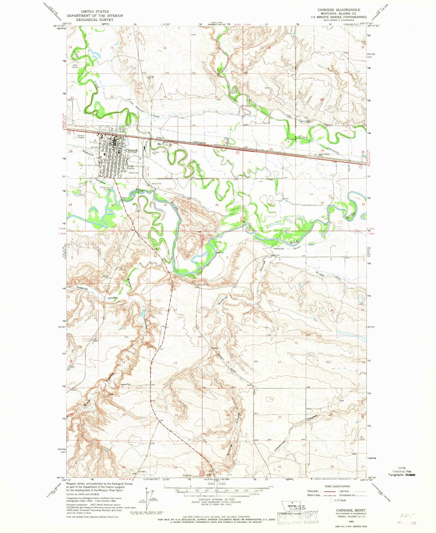 Classic USGS Chinook Montana 7.5'x7.5' Topo Map Image