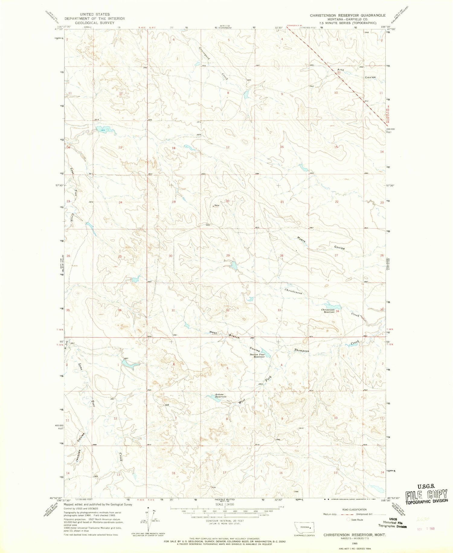 Classic USGS Christenson Reservoir Montana 7.5'x7.5' Topo Map Image