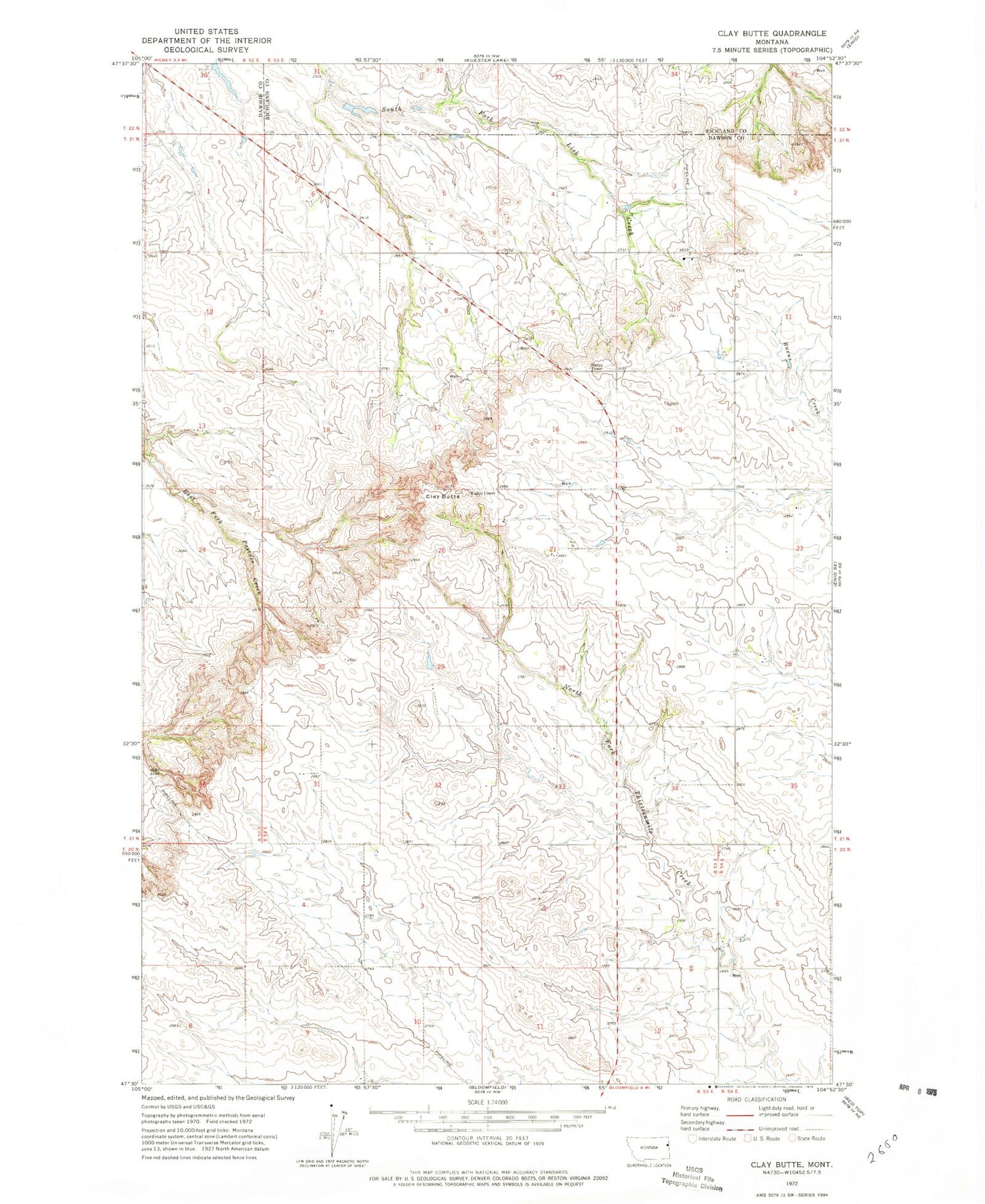 Classic USGS Clay Butte Montana 7.5'x7.5' Topo Map Image