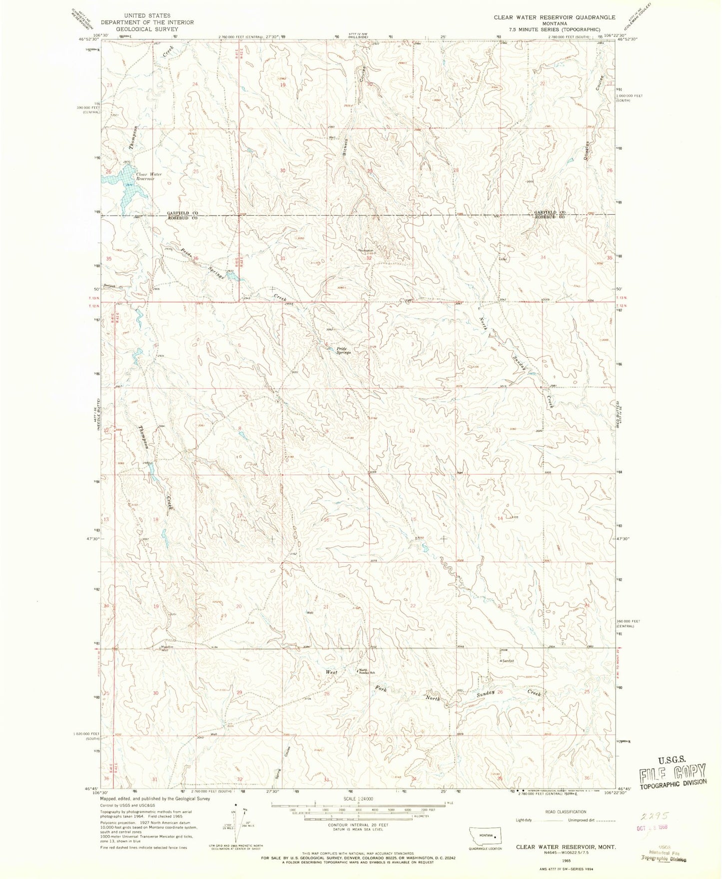 Classic USGS Clear Water Reservoir Montana 7.5'x7.5' Topo Map Image