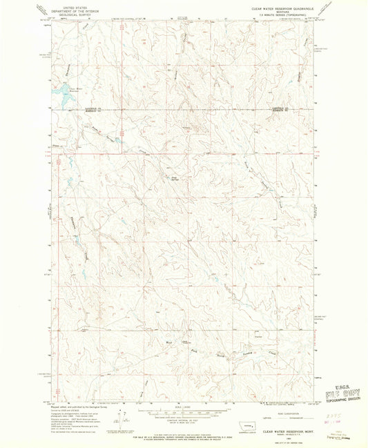 Classic USGS Clear Water Reservoir Montana 7.5'x7.5' Topo Map Image