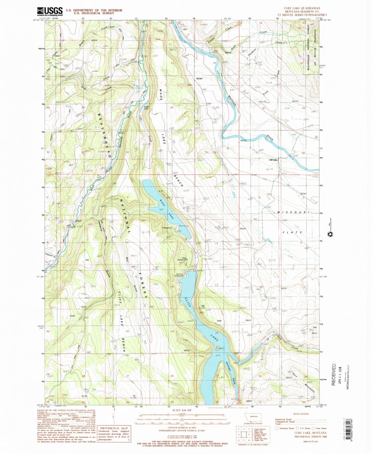Classic USGS Cliff Lake Montana 7.5'x7.5' Topo Map Image