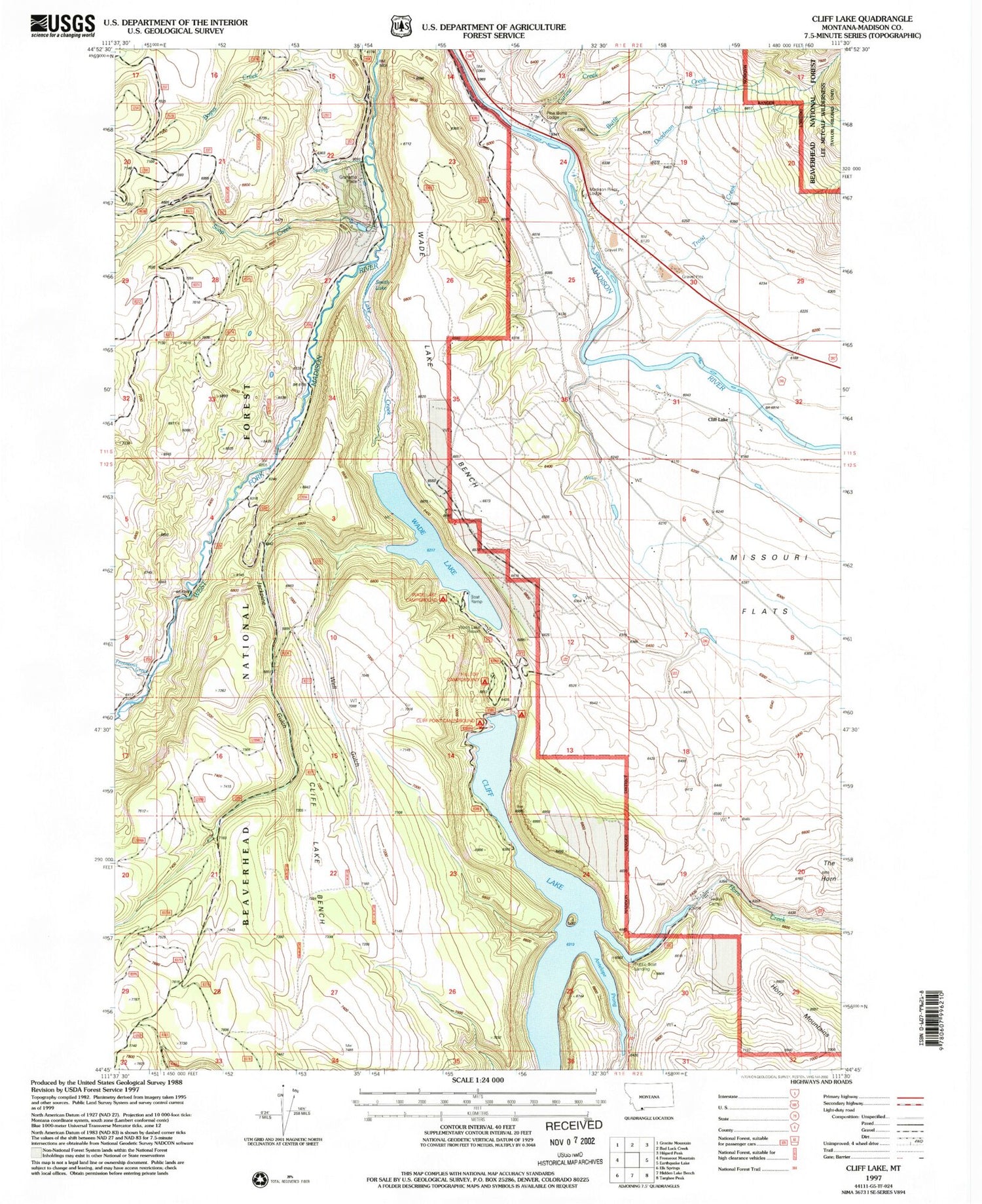 Classic USGS Cliff Lake Montana 7.5'x7.5' Topo Map Image