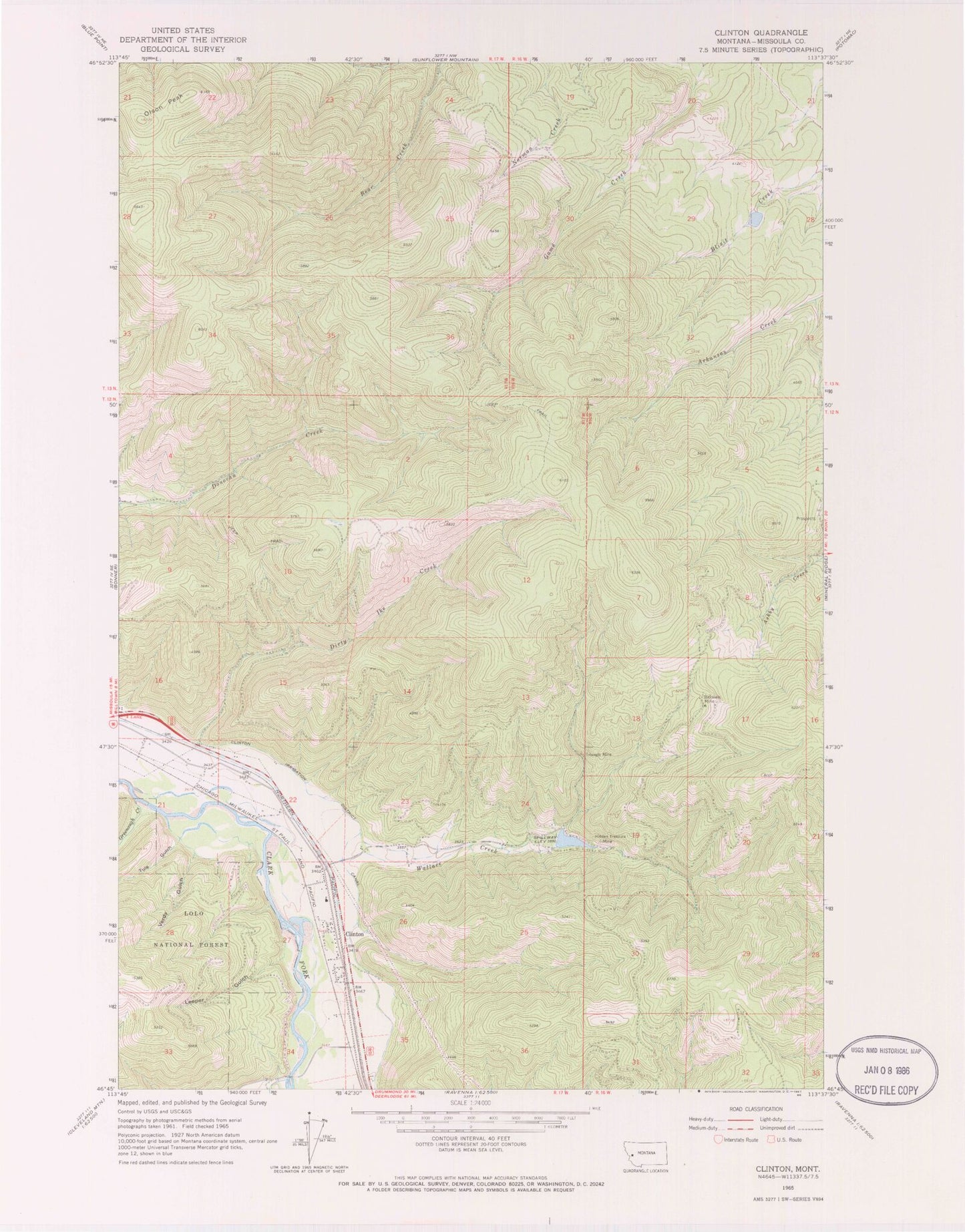 Classic USGS Clinton Montana 7.5'x7.5' Topo Map Image