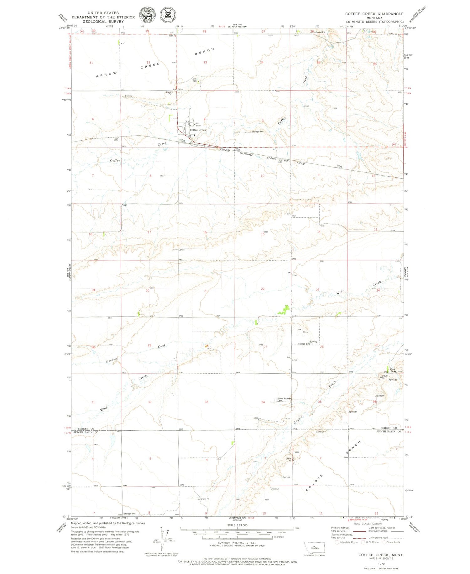 Classic USGS Coffee Creek Montana 7.5'x7.5' Topo Map Image