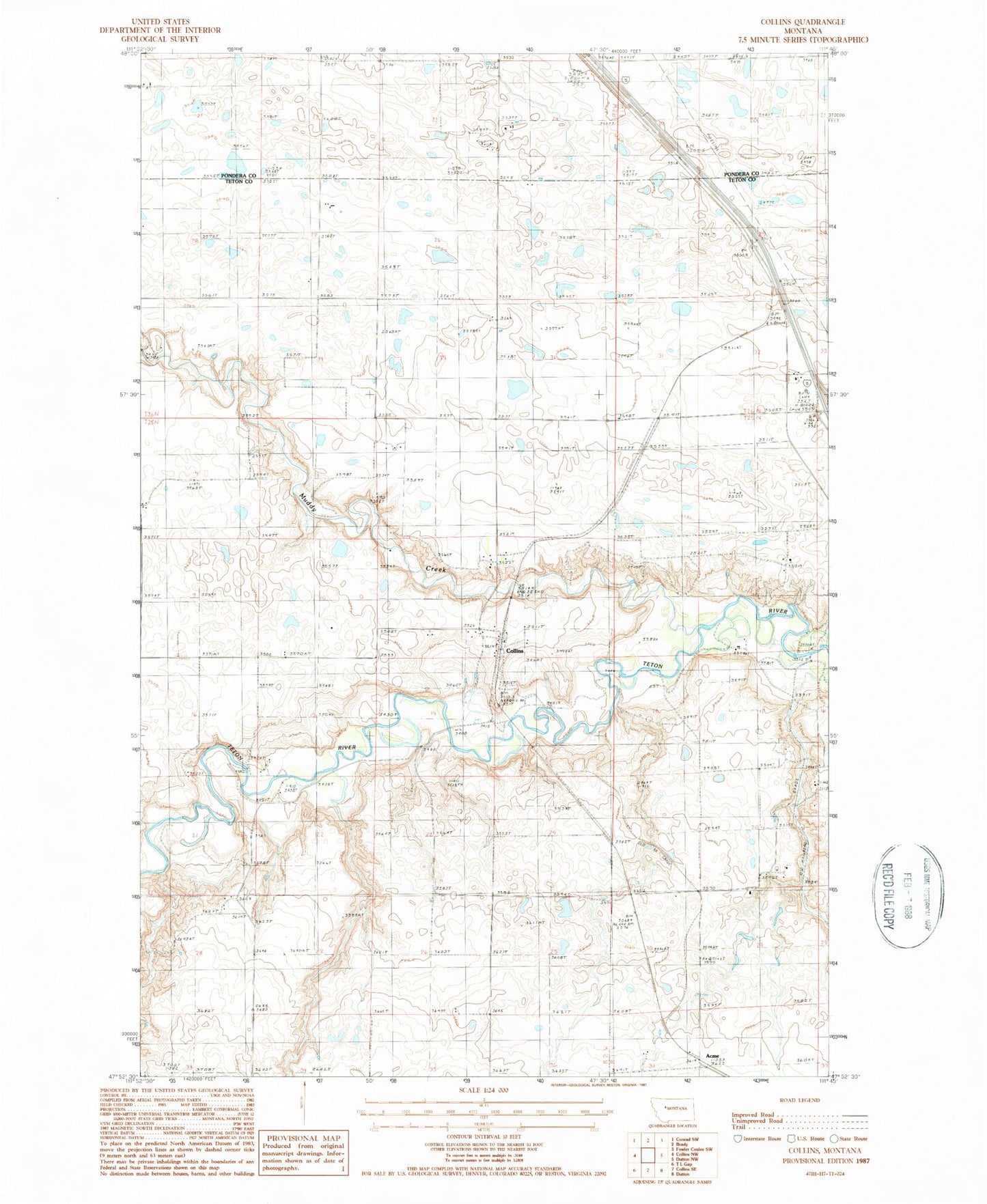 Classic USGS Collins Montana 7.5'x7.5' Topo Map Image