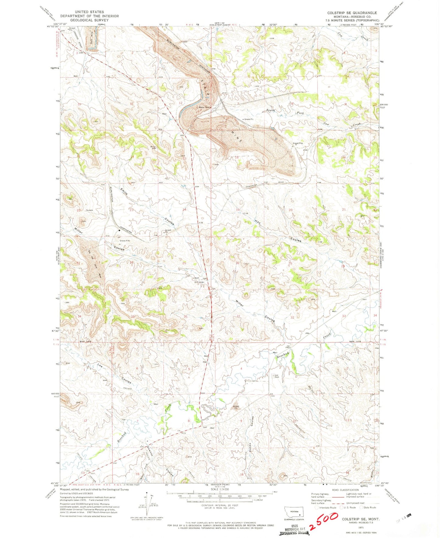 Classic USGS Colstrip SE Montana 7.5'x7.5' Topo Map Image