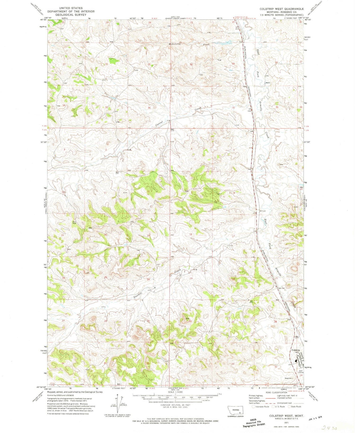 Classic USGS Colstrip West Montana 7.5'x7.5' Topo Map Image